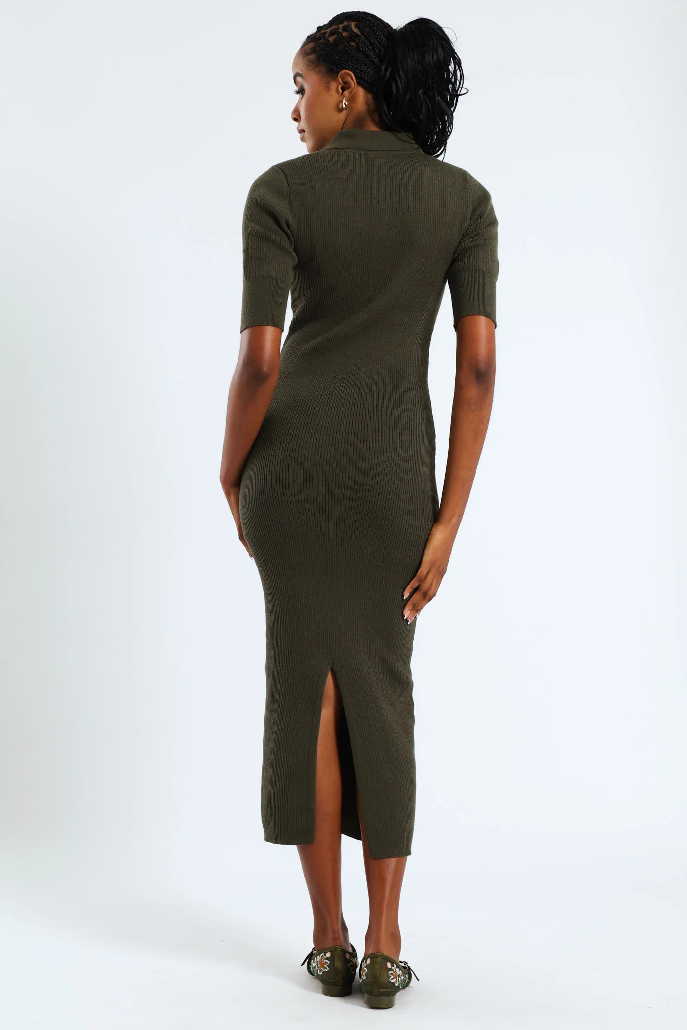 1/2 Placket Collared Knitwear Midaxi Dress - Dark Fatigue - Image 3
