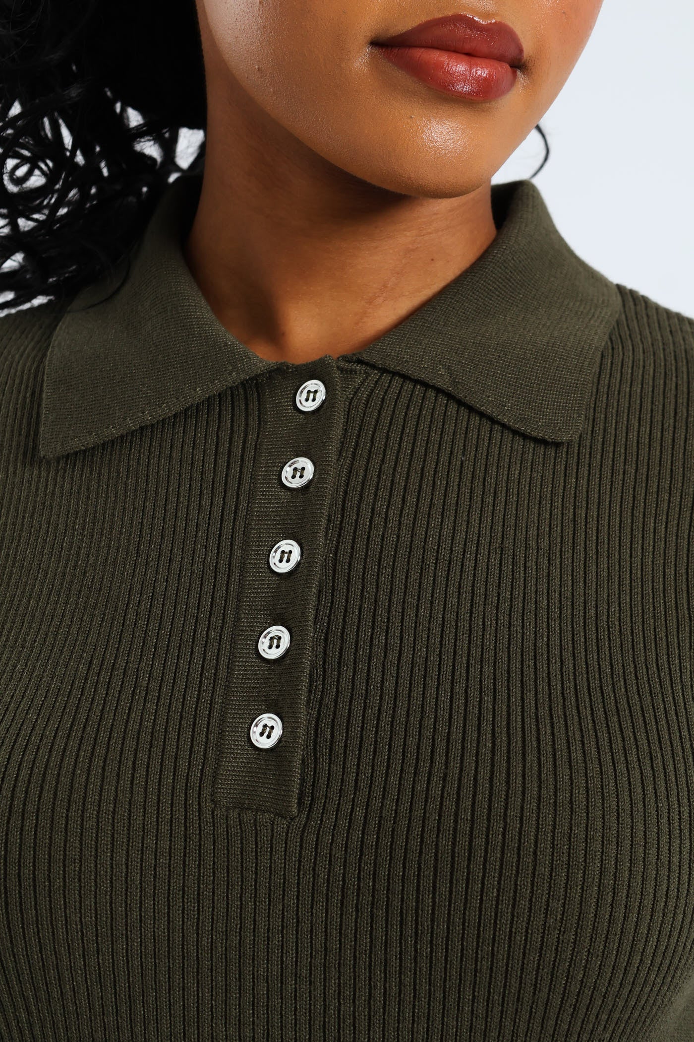 1/2 Placket Collared Knitwear Midaxi Dress - Dark Fatigue - Image 4