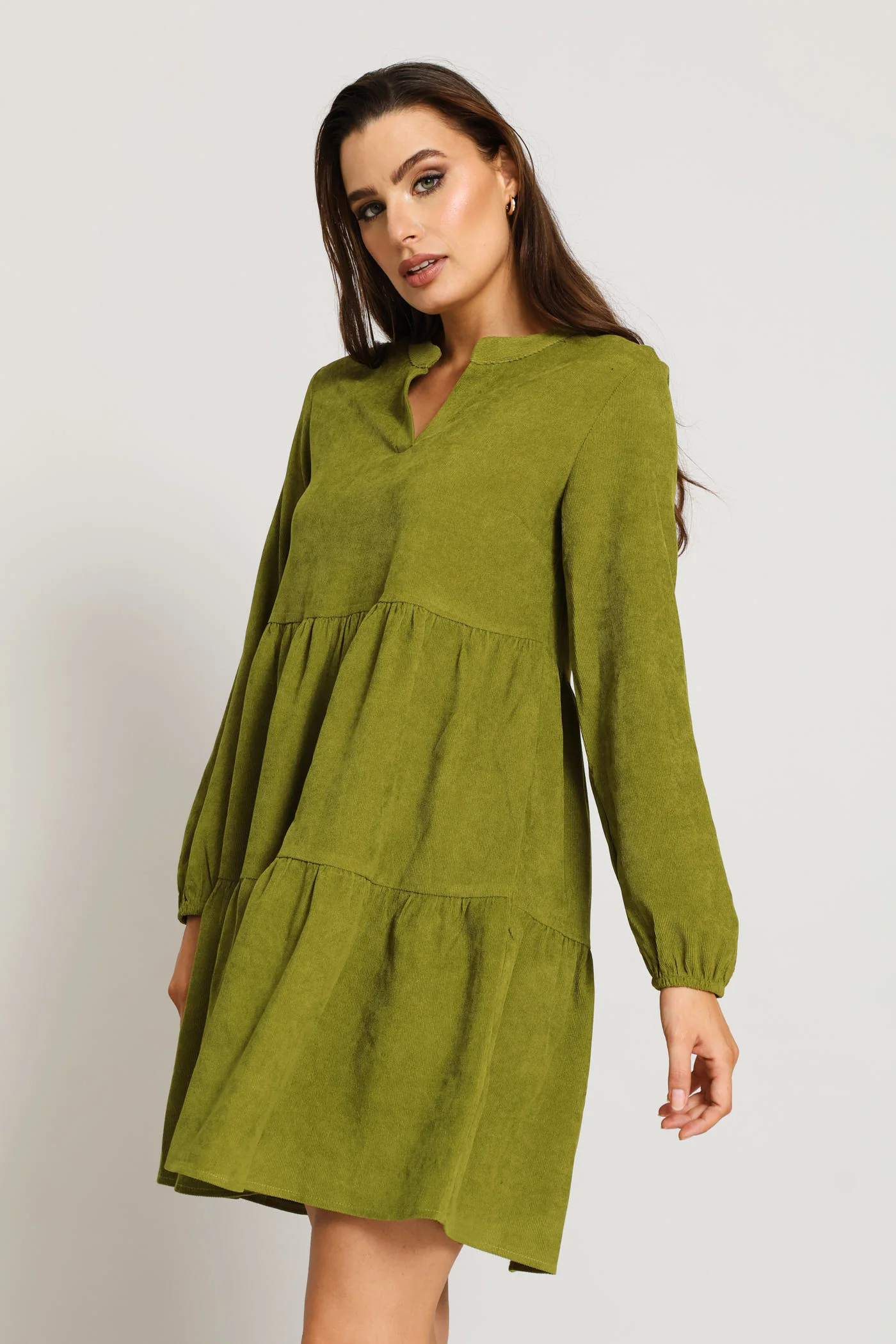 1/4 Mandarin Tiered Corduroy Mini Dress - Chartreuse - Image 3