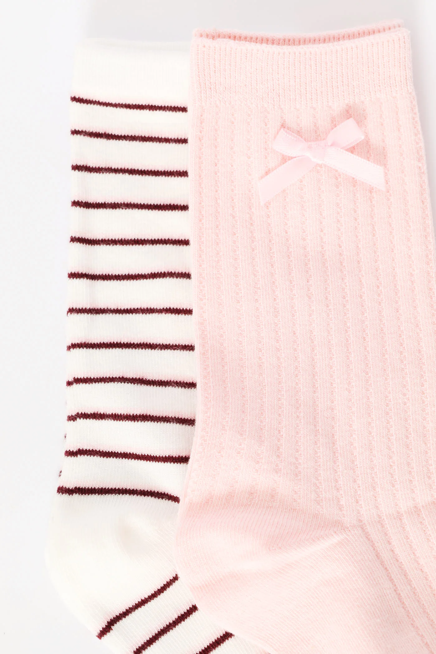 2 Pack Bow & Stripe Crew Fashion Socks - White/Pink - Image 2
