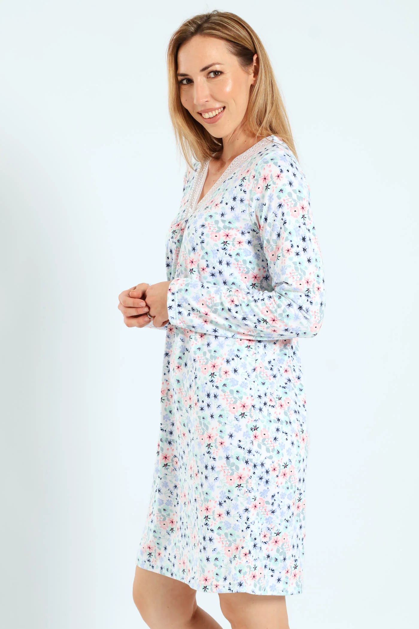 2 Pack Lace Detail Ditsy Floral Sleepshirts - White/Blue - Image 3
