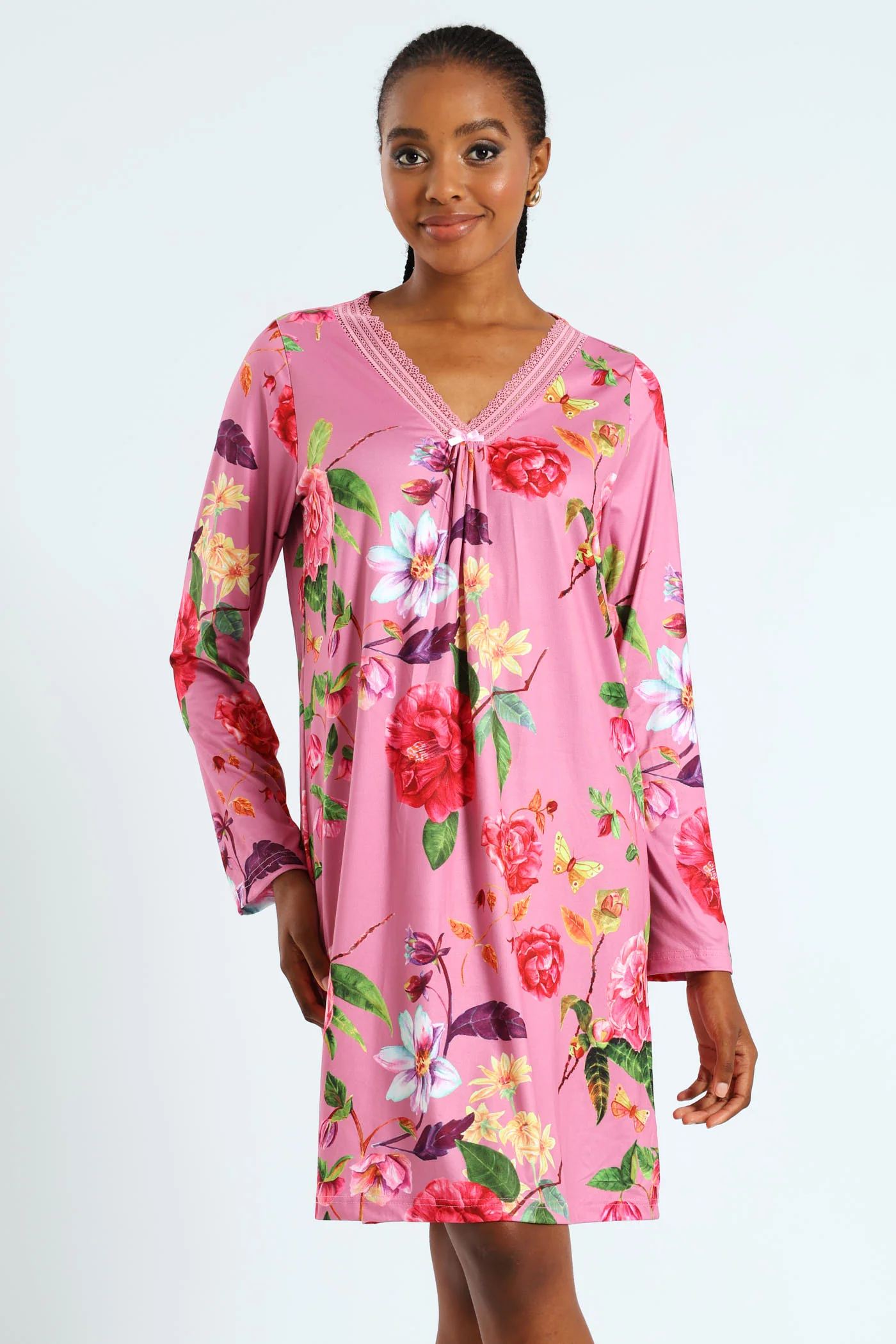 2 Pack Lace Detail Long Sleeve Soft Touch Sleep Shirt - Pink/Burgundy - Image 3