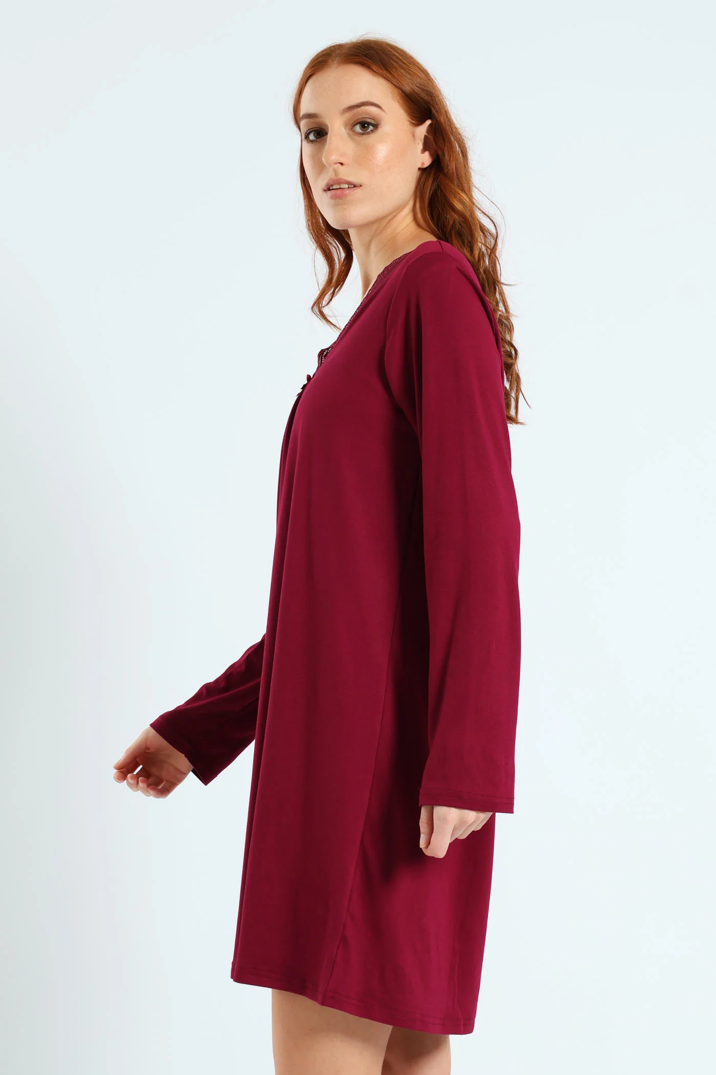 2 Pack Lace Detail Long Sleeve Soft Touch Sleep Shirt - Pink/Burgundy - Image 6