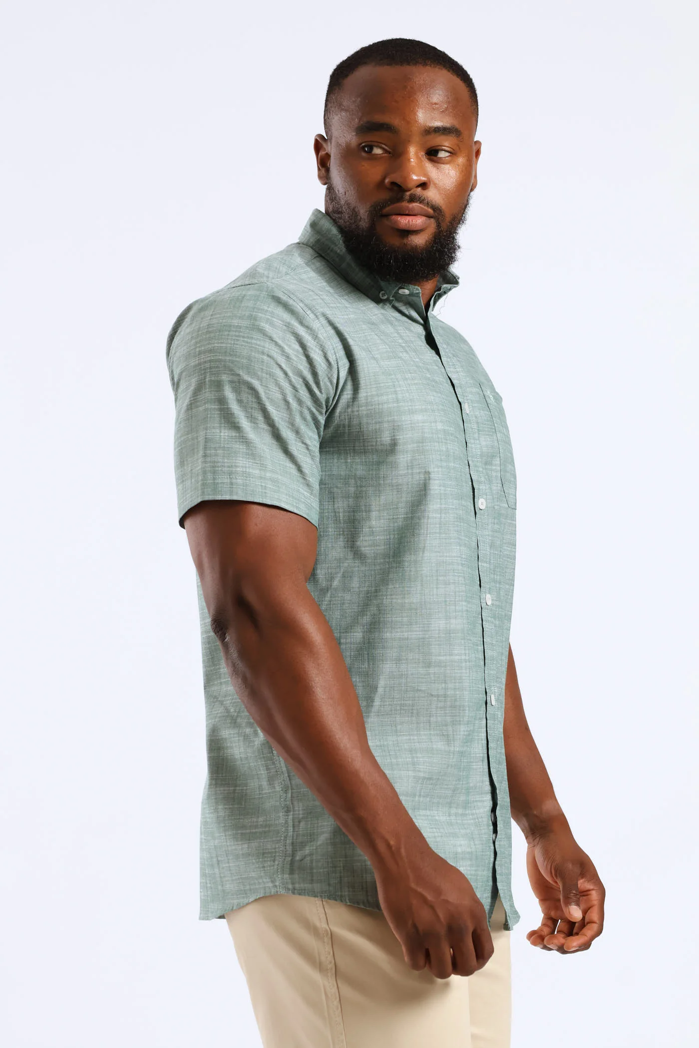 2 Tone Slub Button Down Shirt - Moss Green - Image 4