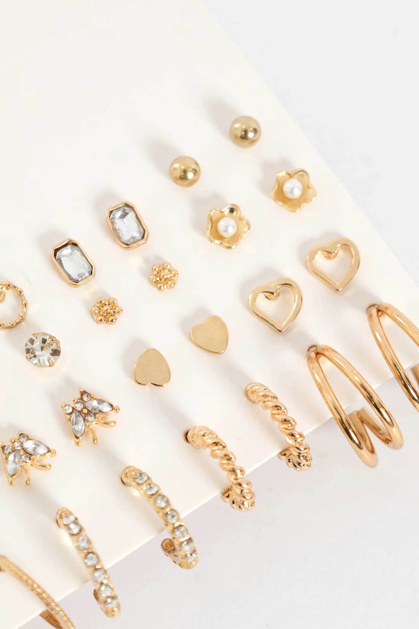 20 Pack Diamante Stud & Hoop Earrings - Gold - Image 2