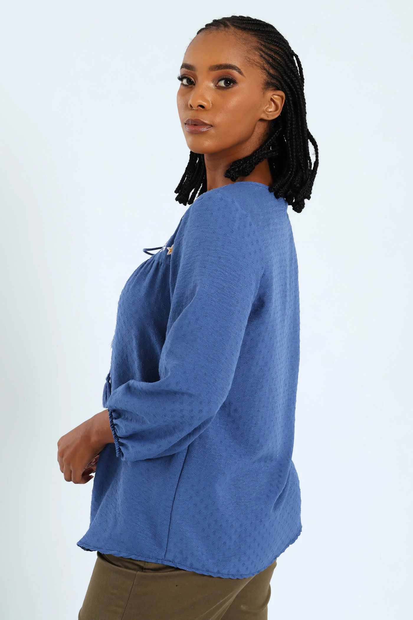 3/4 Embroidered Jacquard Blouse - Mid Blue - Image 2