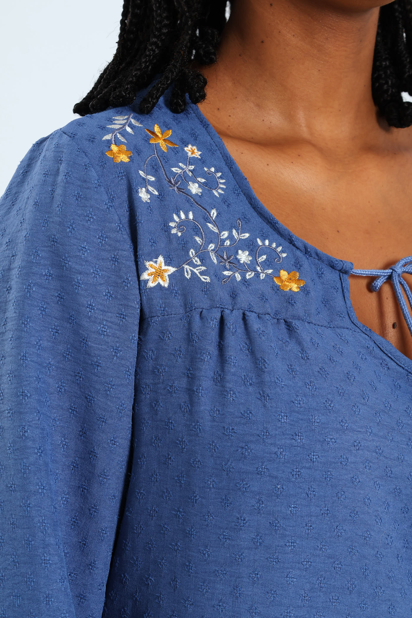 3/4 Embroidered Jacquard Blouse - Mid Blue - Image 5