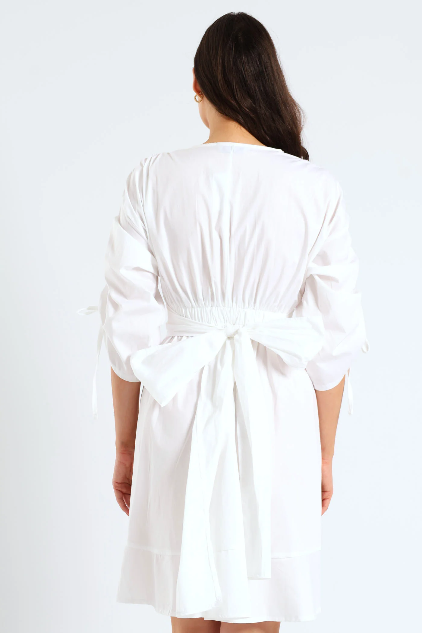 3/4 Ruched Balloon Sleeve Belted Kimono Fit & Flare Mini Dress - White - Image 2
