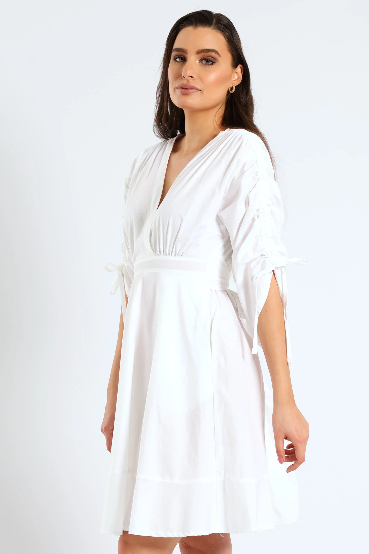 3/4 Ruched Balloon Sleeve Belted Kimono Fit & Flare Mini Dress - White - Image 3