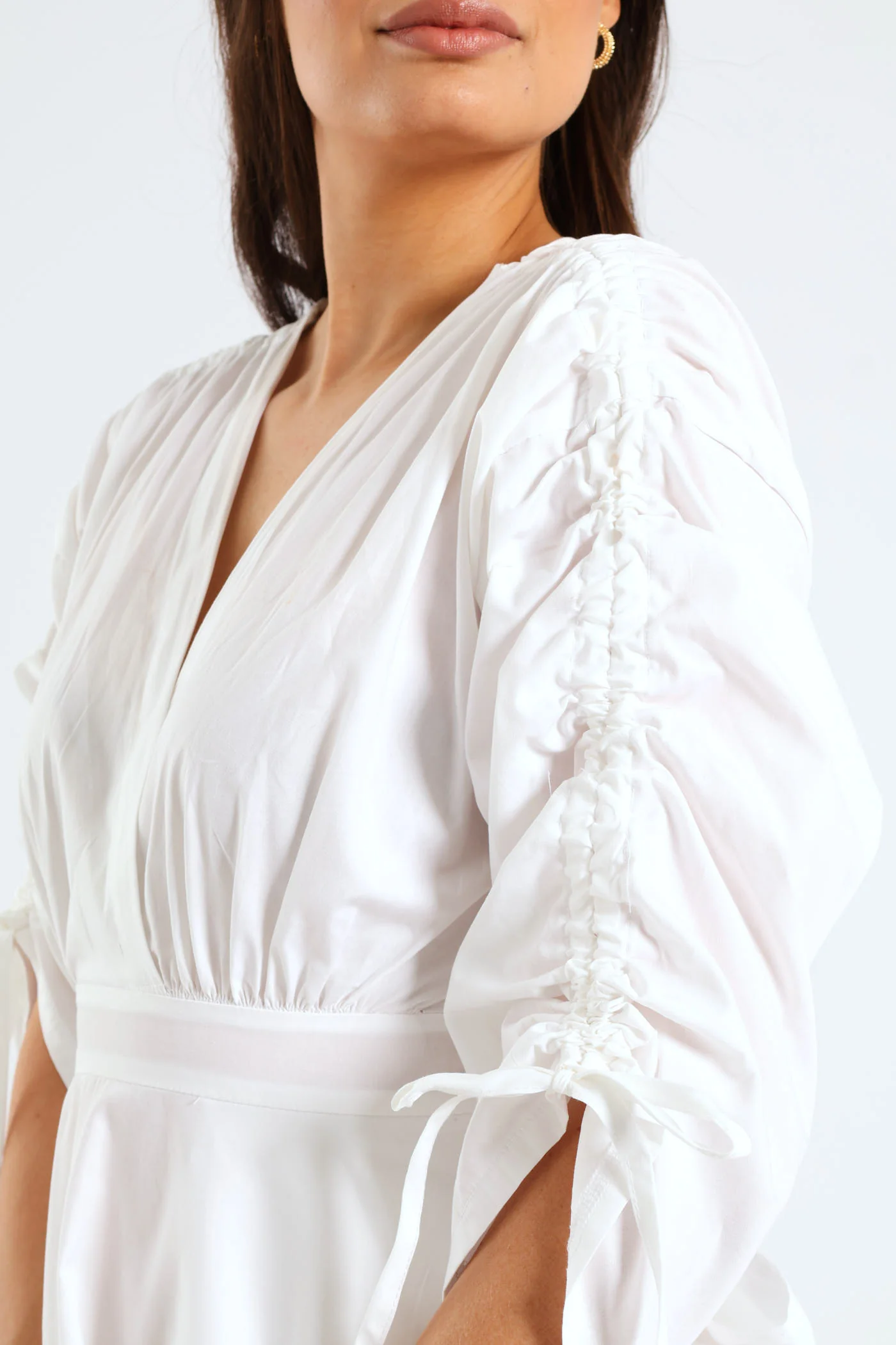 3/4 Ruched Balloon Sleeve Belted Kimono Fit & Flare Mini Dress - White - Image 5