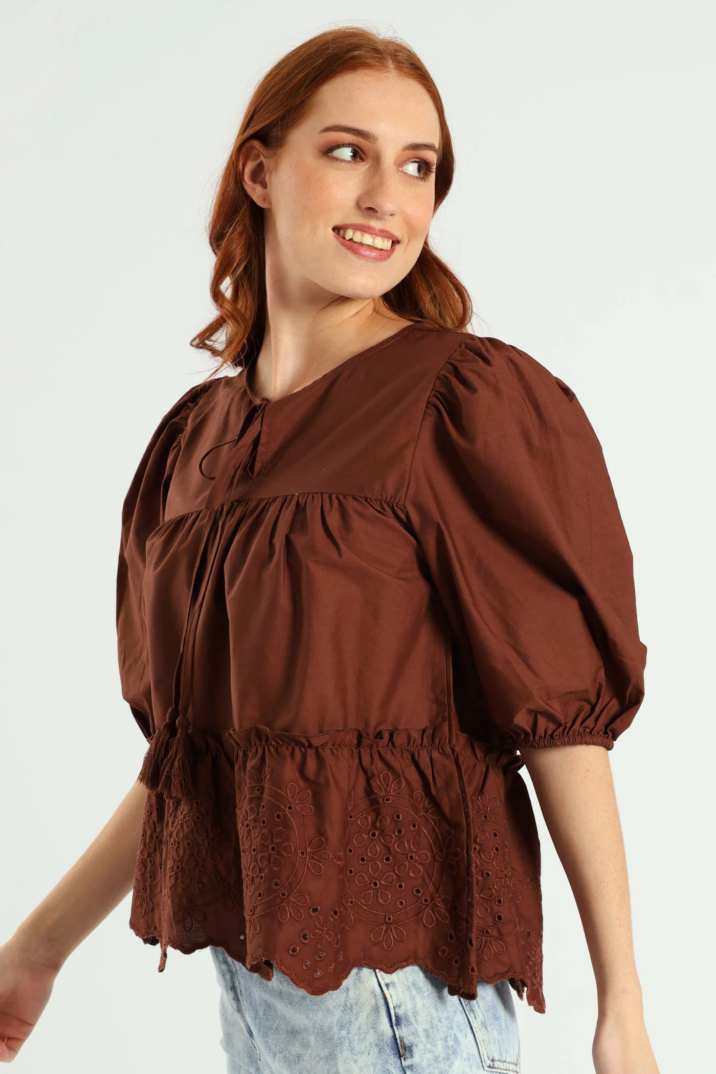 3/4 Sleeve Babydoll Puff Printed Top - Dark Brown - Image 2