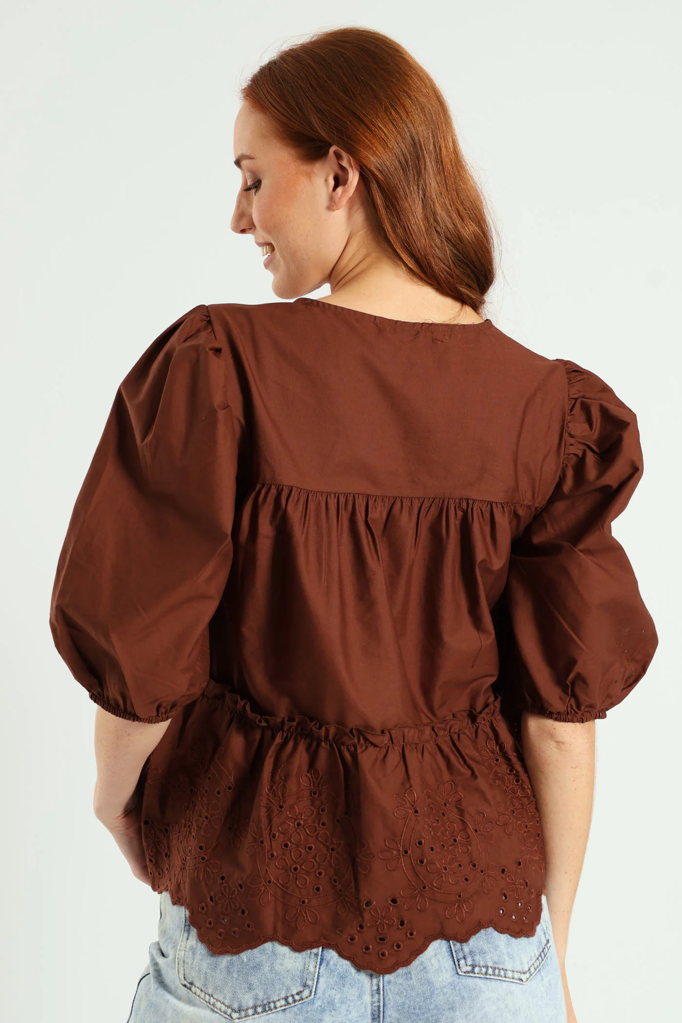 3/4 Sleeve Babydoll Puff Printed Top - Dark Brown - Image 3