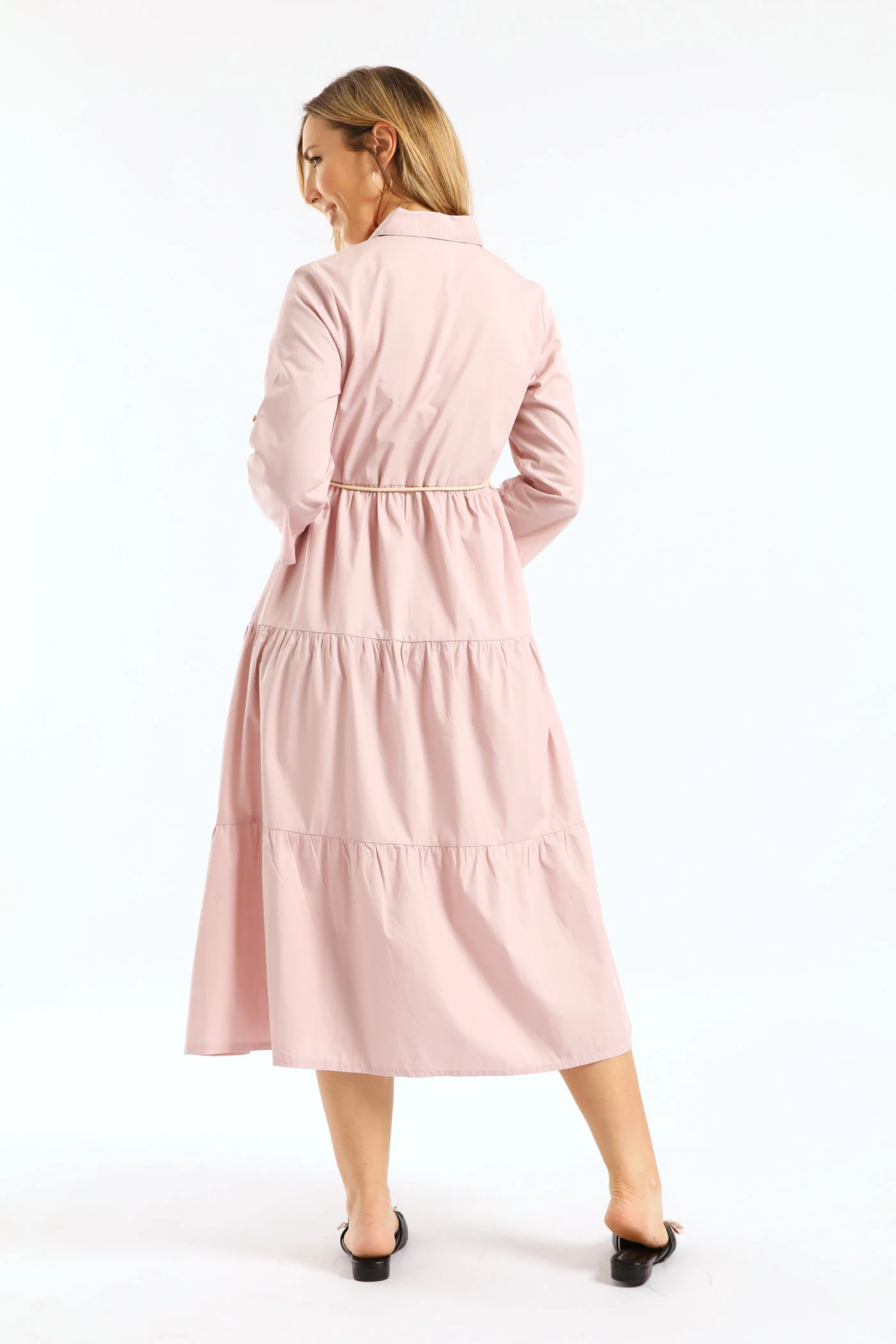 3/4 Sleeve Belted Midi Shirt Dress - Mauve - Image 2