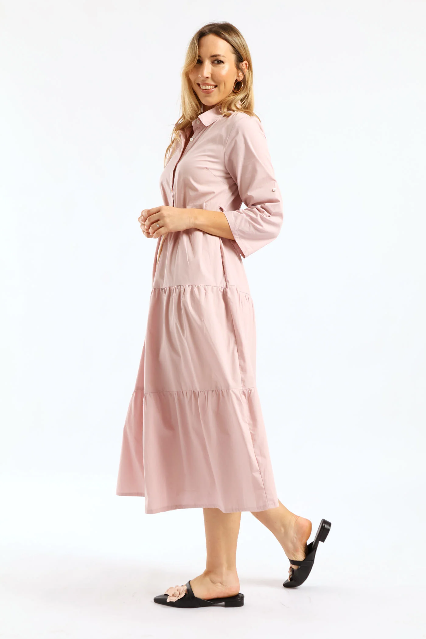 3/4 Sleeve Belted Midi Shirt Dress - Mauve - Image 4