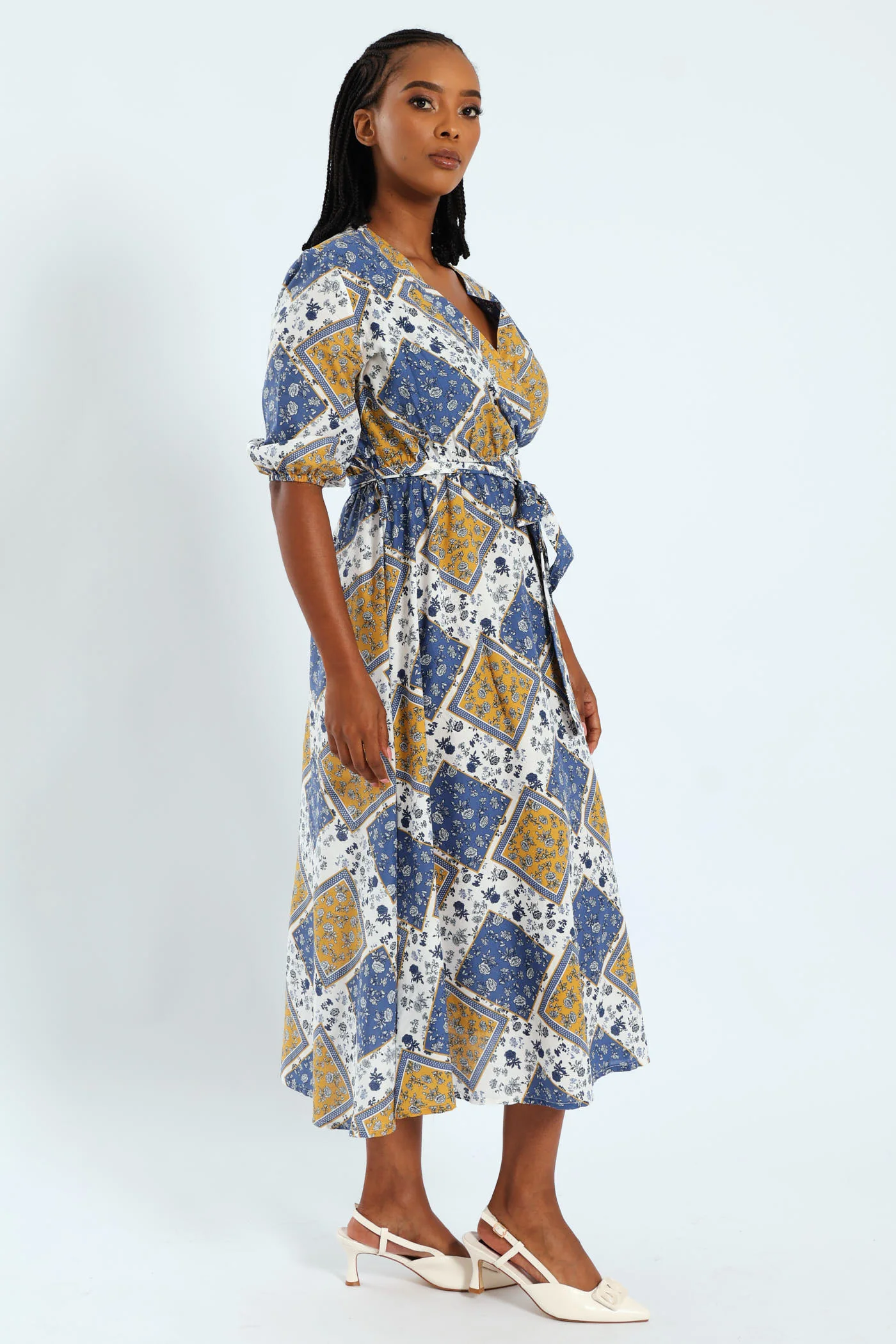 3/4 Sleeve Belted Mock Wrap Midi Dress - Image 2