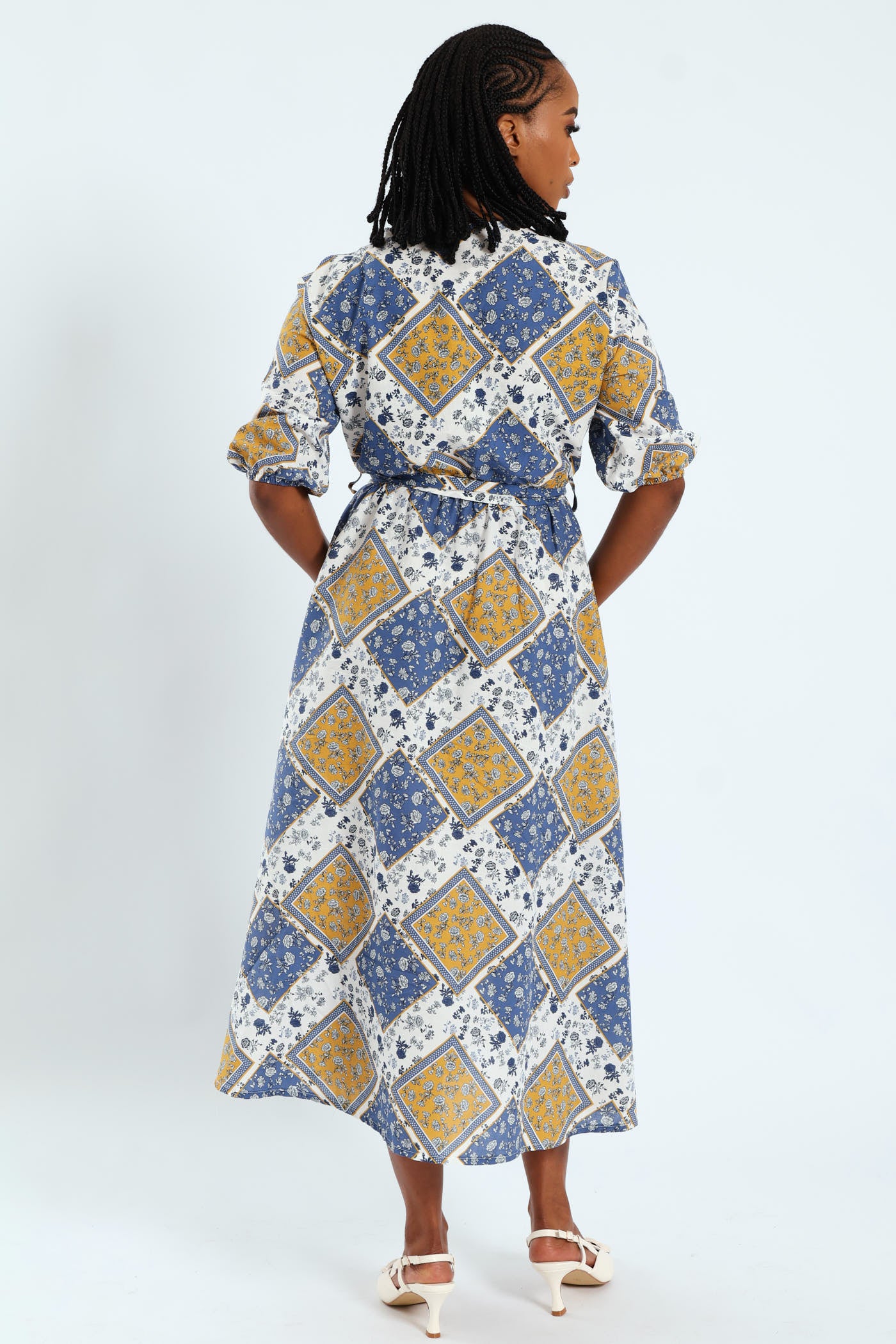 3/4 Sleeve Belted Mock Wrap Midi Dress - Image 3