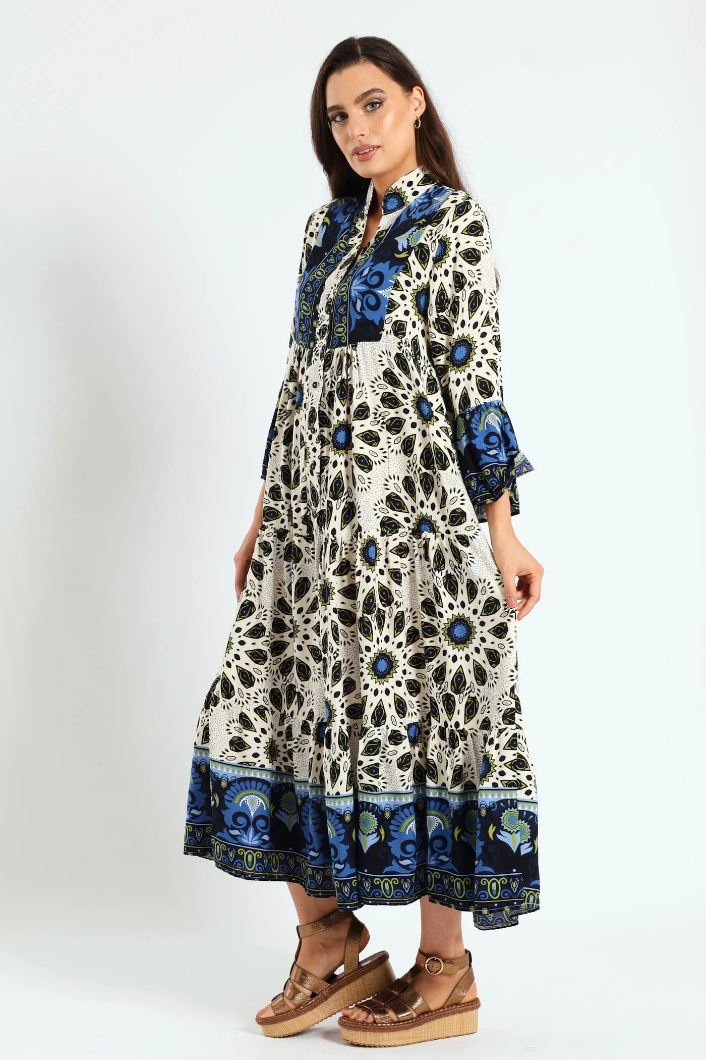 3/4 Sleeve Border Tent Dress - Multi - Image 2