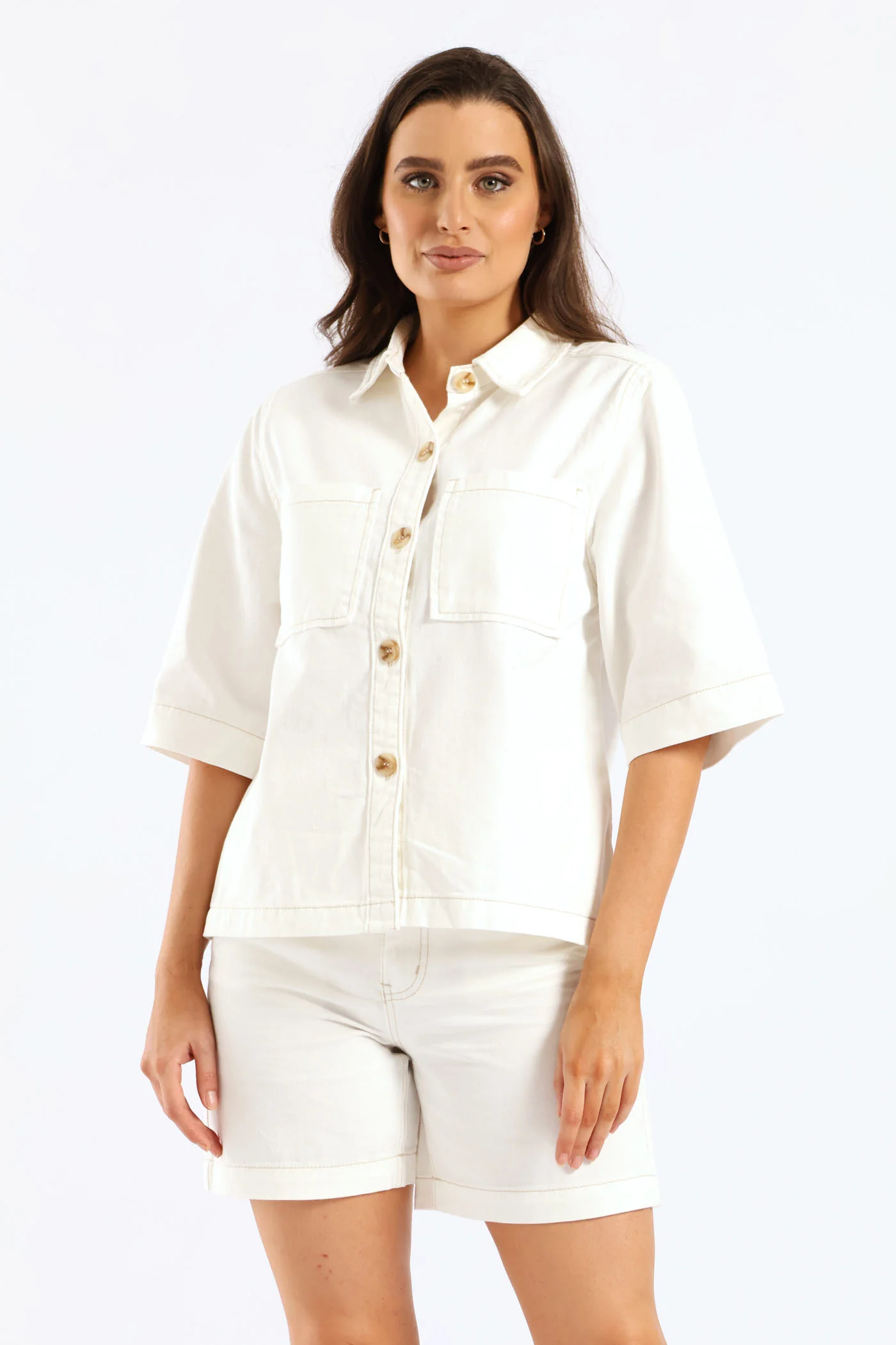 3/4 Sleeve Curved Hem Denim Shirt - White - Image 2