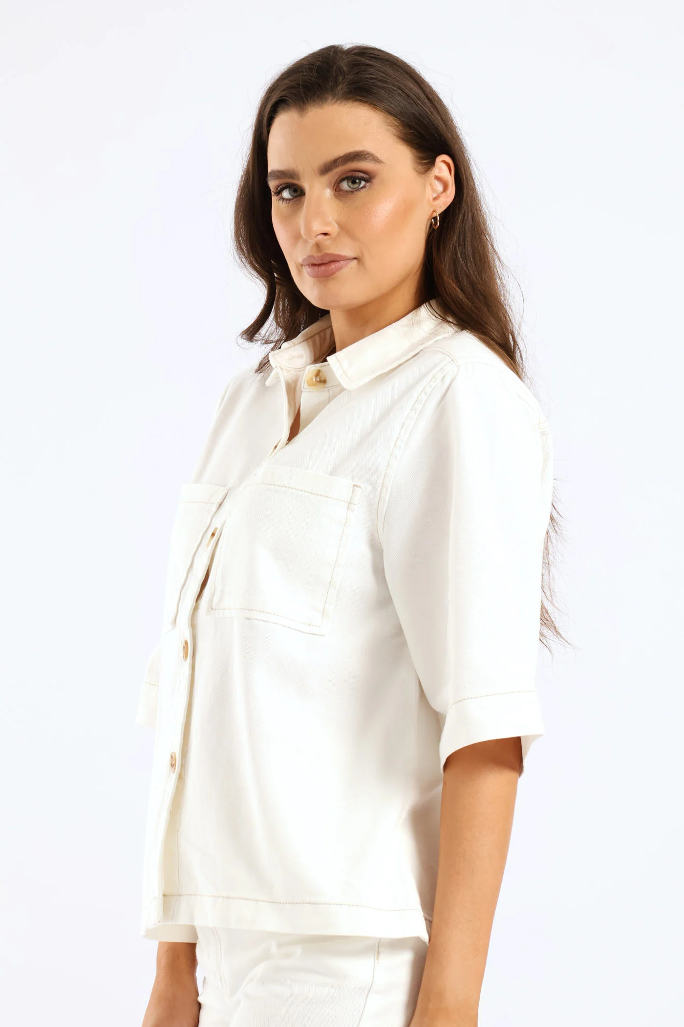 3/4 Sleeve Curved Hem Denim Shirt - White - Image 3