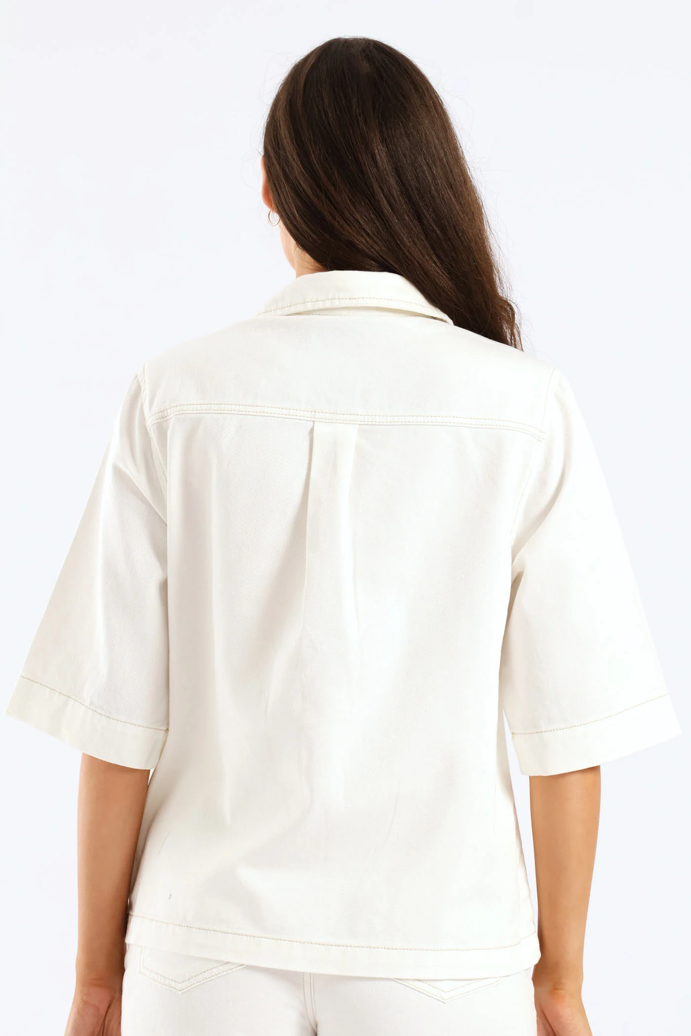 3/4 Sleeve Curved Hem Denim Shirt - White - Image 4
