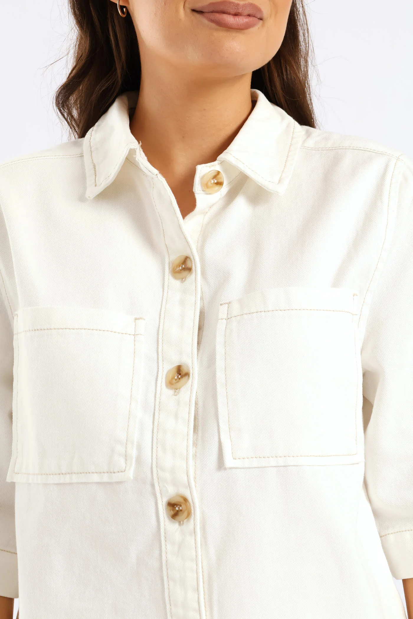 3/4 Sleeve Curved Hem Denim Shirt - White - Image 5