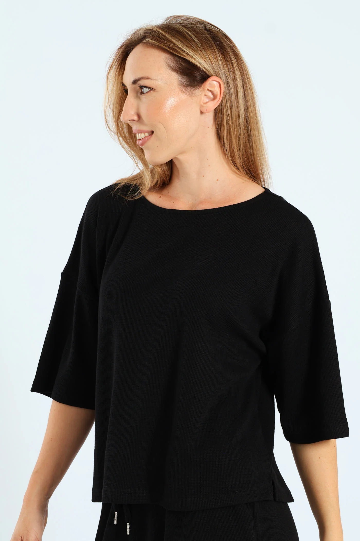 3/4 Sleeve Dolman Waffle Top - Black - Image 3