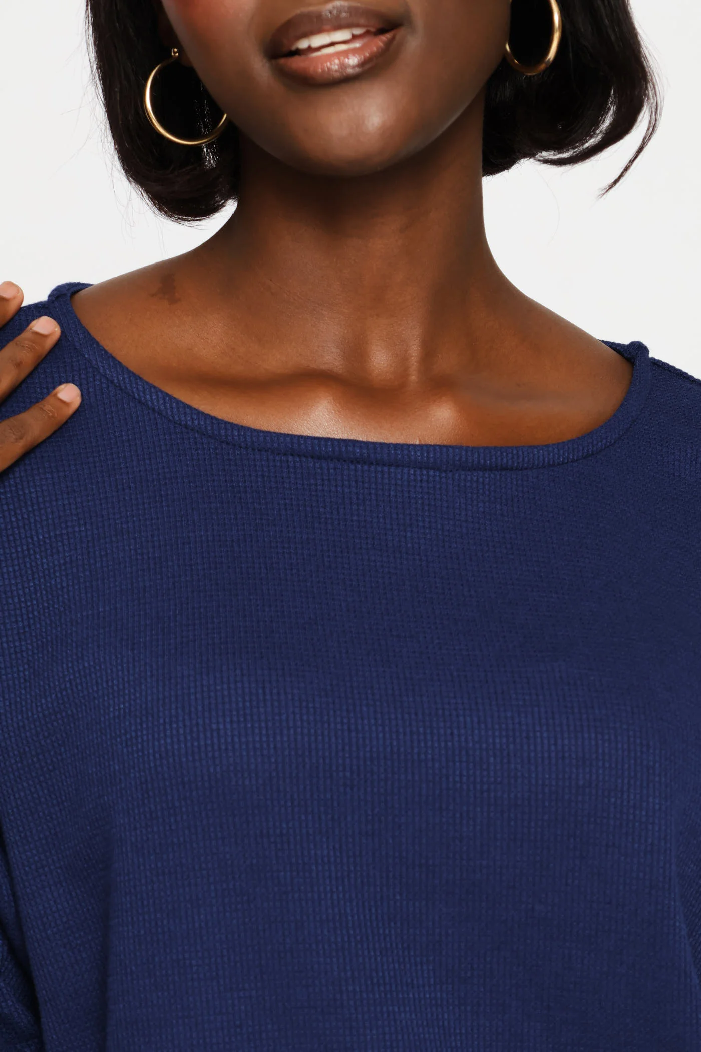3/4 Sleeve Dolman Waffle Top - Navy - Image 2
