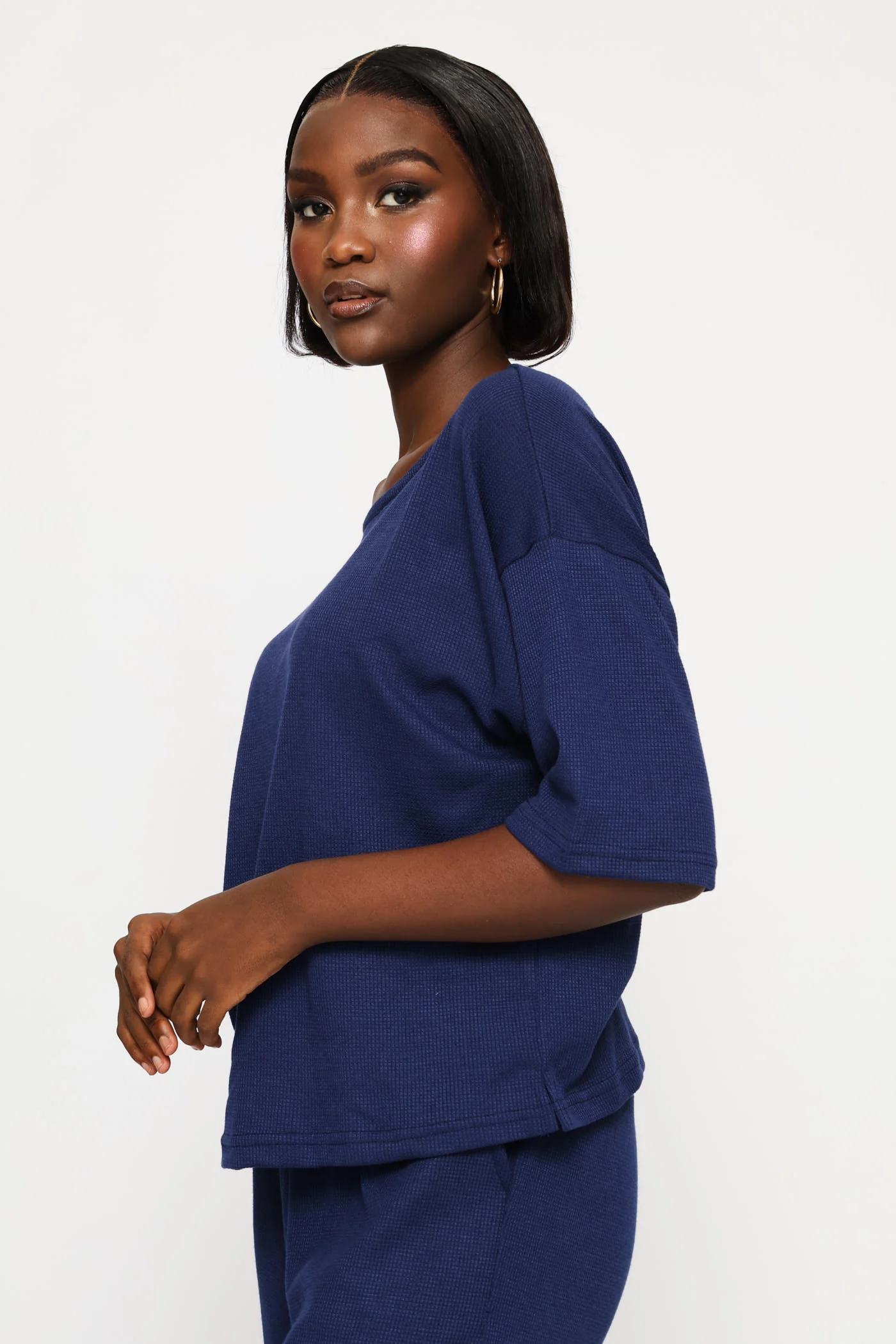 3/4 Sleeve Dolman Waffle Top - Navy - Image 3