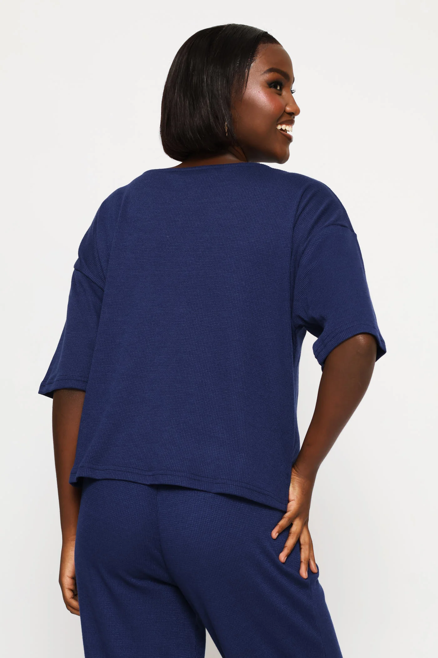 3/4 Sleeve Dolman Waffle Top - Navy - Image 4