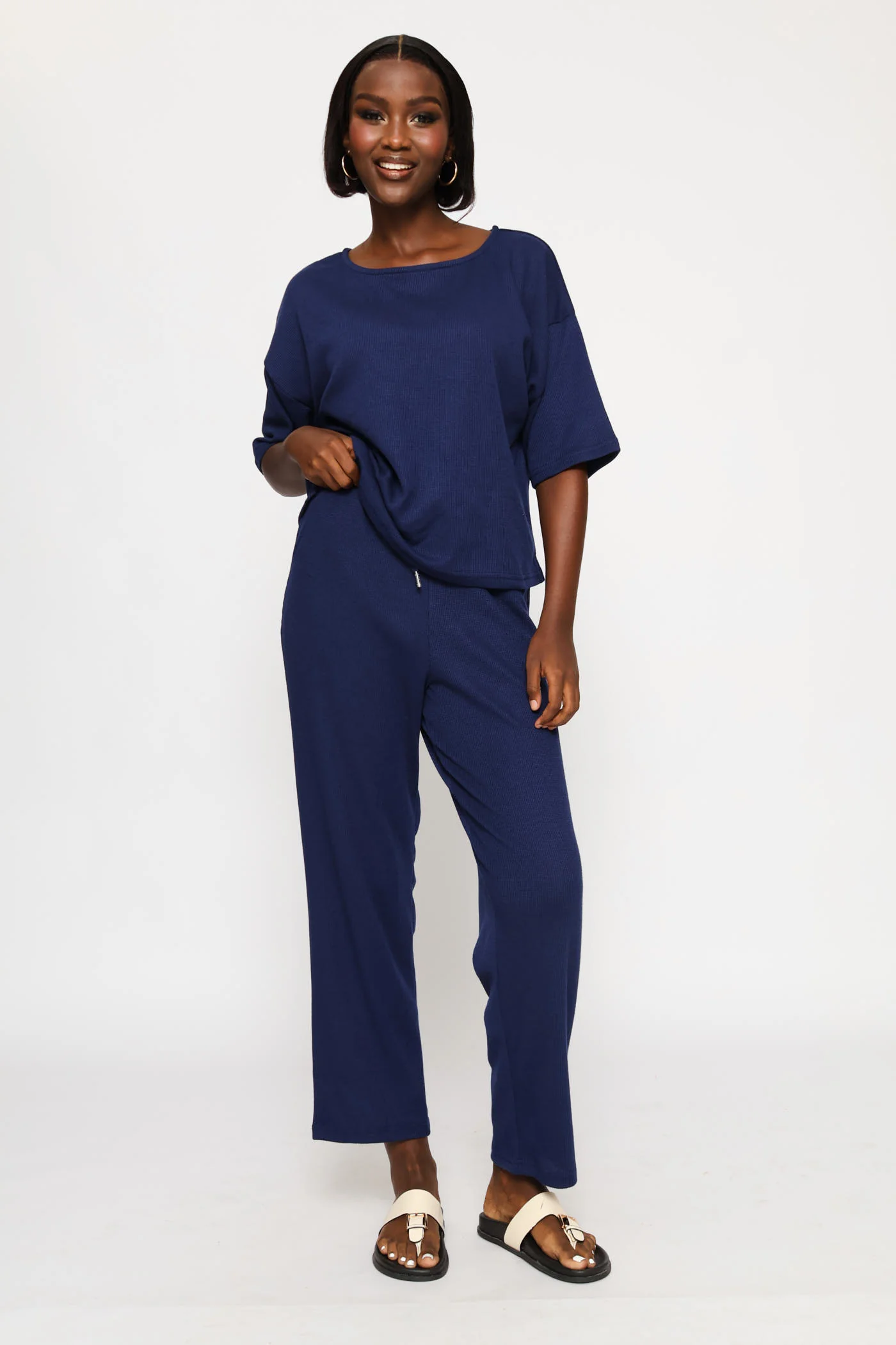 3/4 Sleeve Dolman Waffle Top - Navy - Image 5