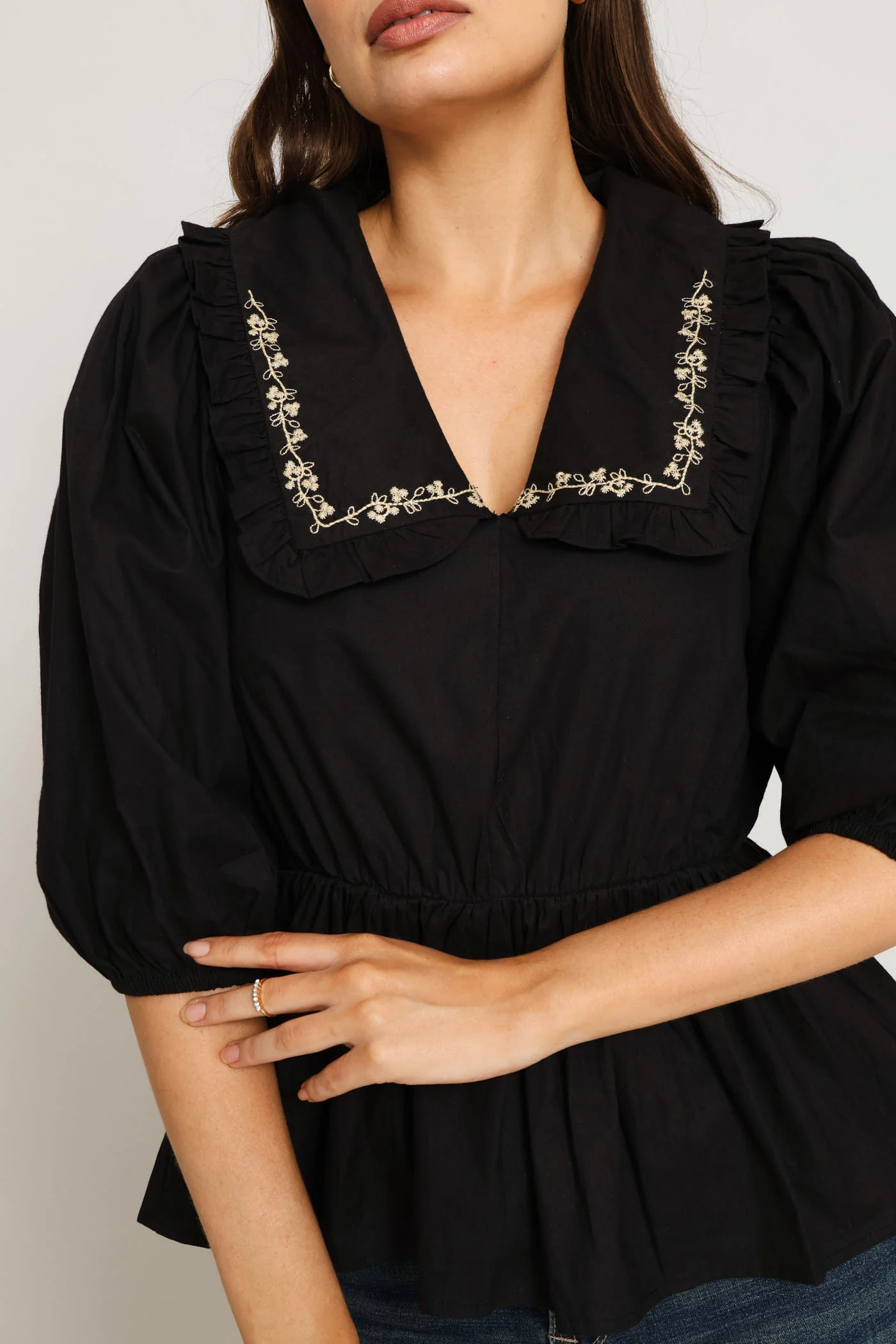 3/4 Sleeve Embroidered Peterpan Peplum Poplin Blouse - Black - Image 2