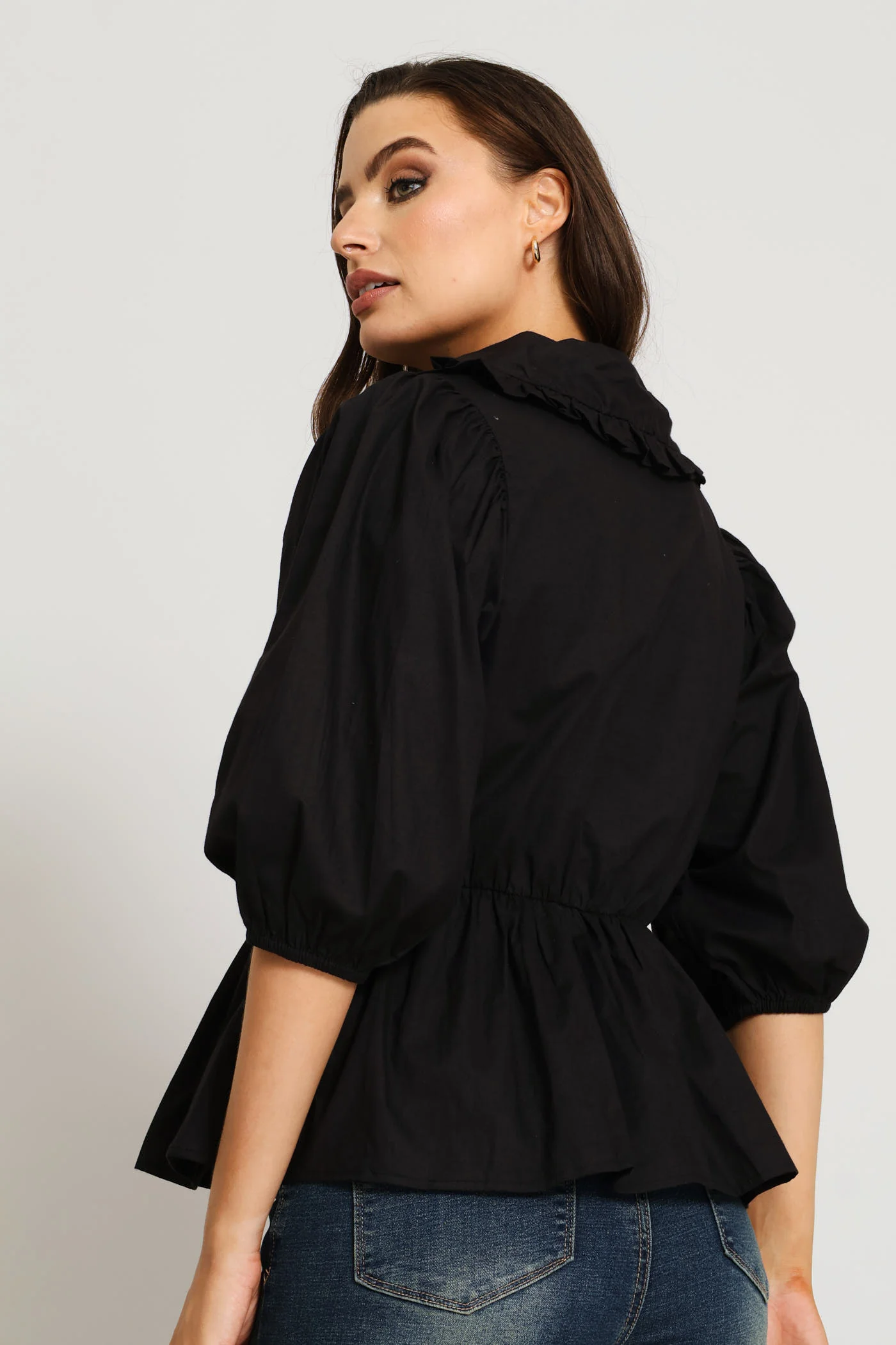3/4 Sleeve Embroidered Peterpan Peplum Poplin Blouse - Black - Image 4