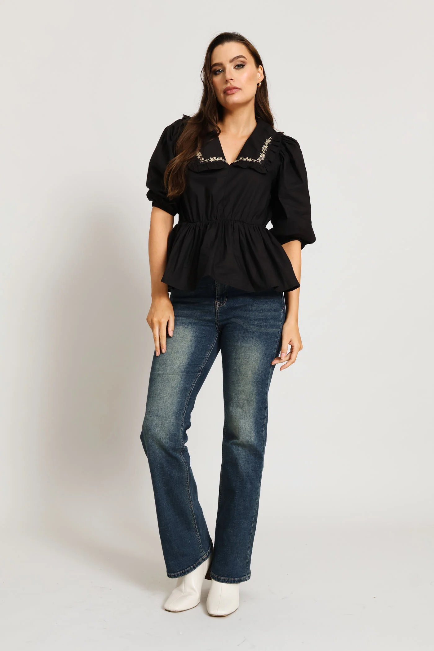 3/4 Sleeve Embroidered Peterpan Peplum Poplin Blouse - Black - Image 5