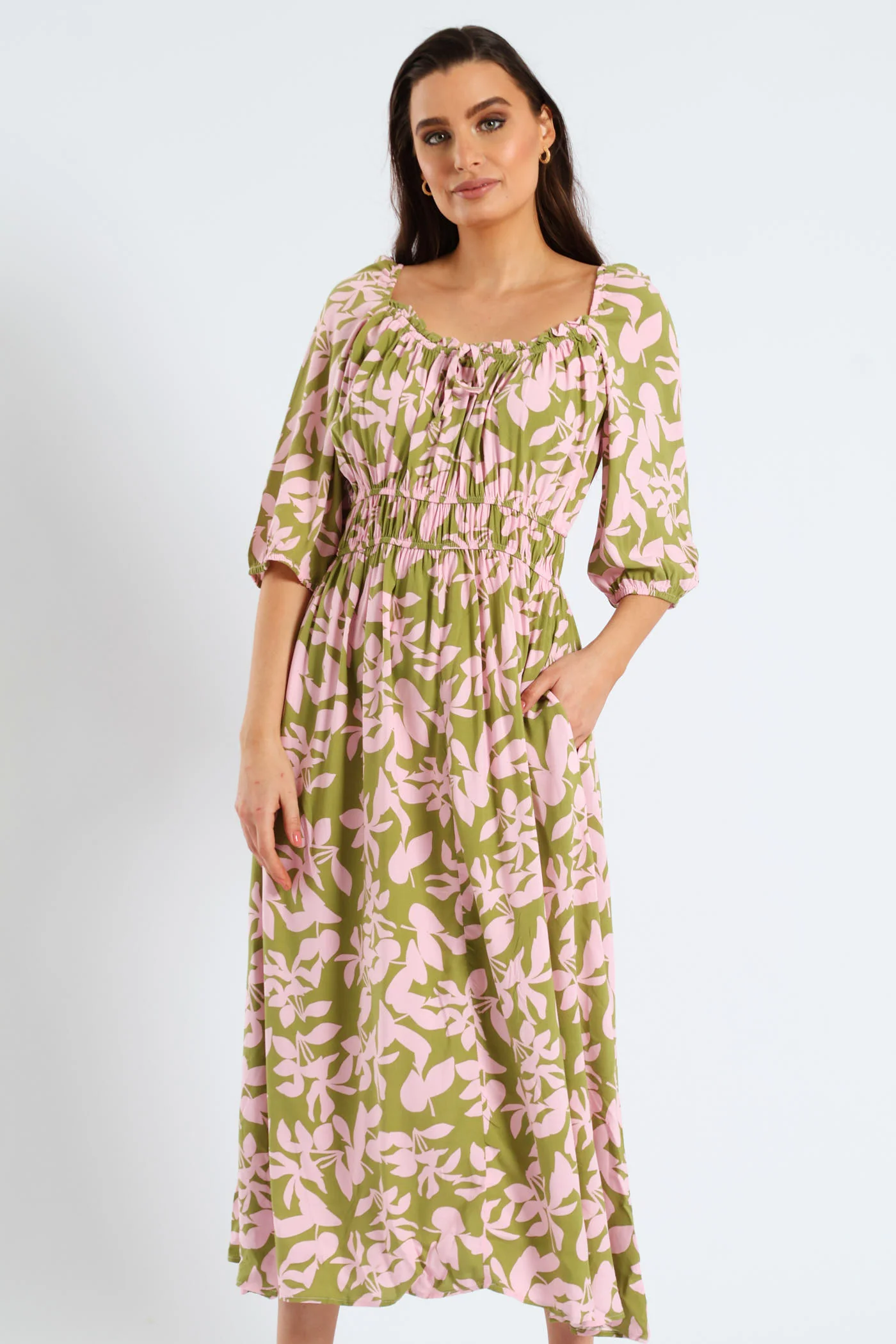 3/4 Sleeve Frill Bardot Neck Elastic Detail Midi Dress - Chartreuse/Mauve - Image 2