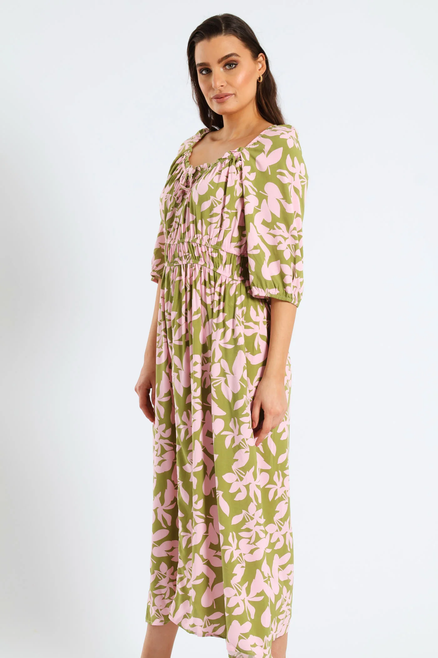 3/4 Sleeve Frill Bardot Neck Elastic Detail Midi Dress - Chartreuse/Mauve - Image 3