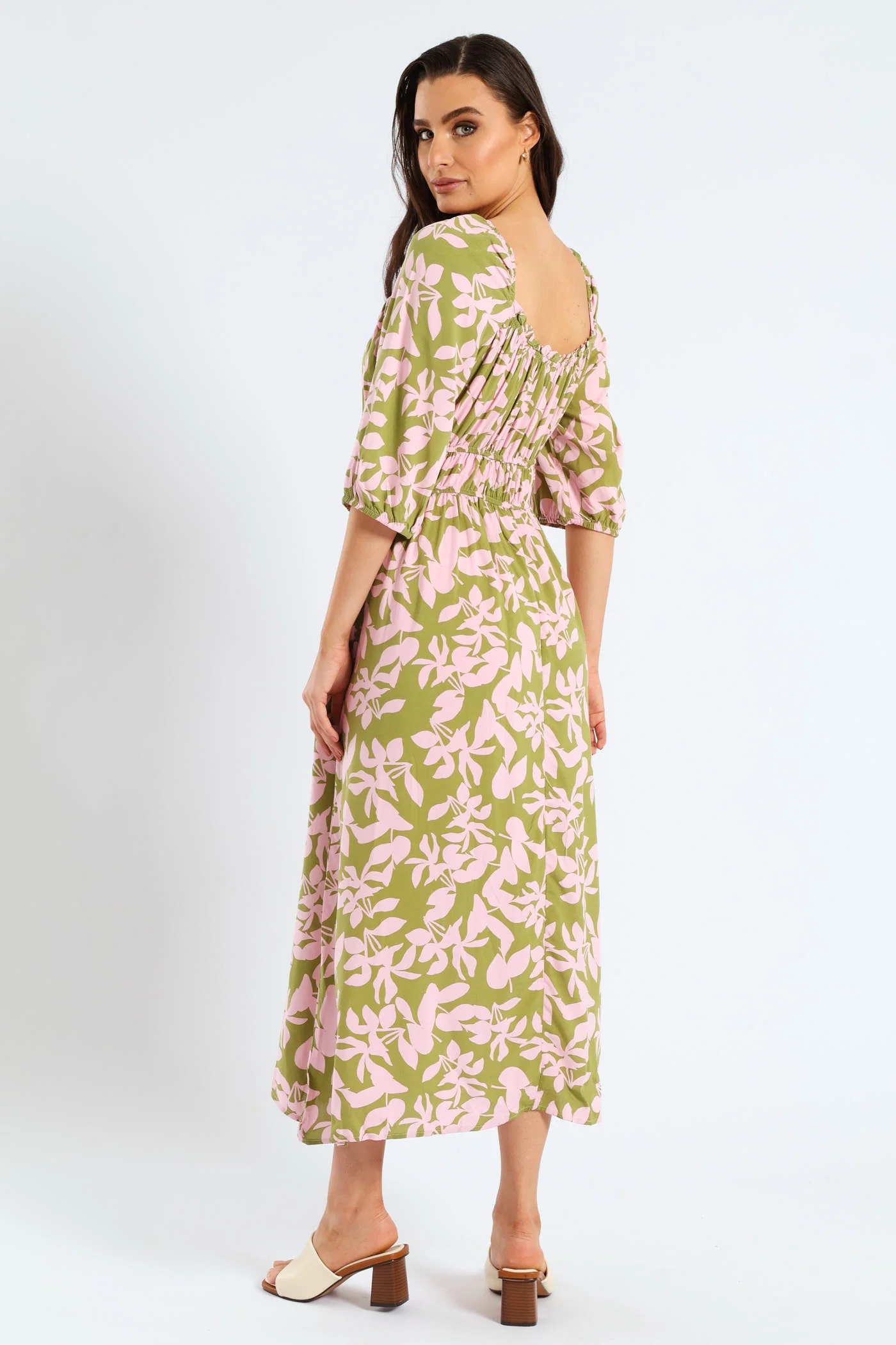 3/4 Sleeve Frill Bardot Neck Elastic Detail Midi Dress - Chartreuse/Mauve - Image 4