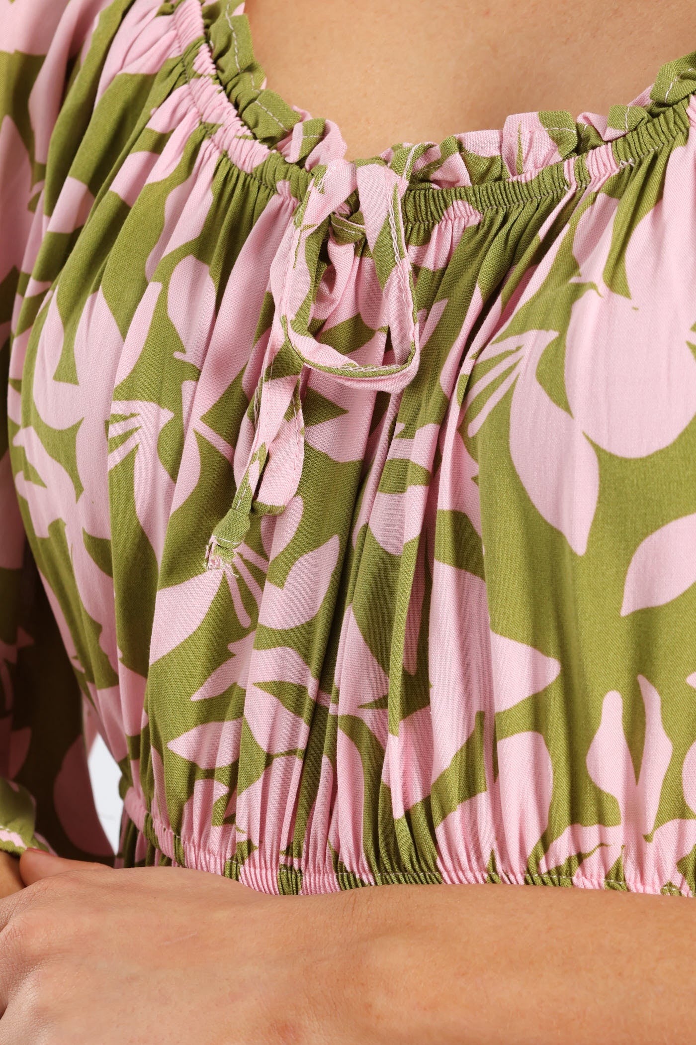 3/4 Sleeve Frill Bardot Neck Elastic Detail Midi Dress - Chartreuse/Mauve - Image 5