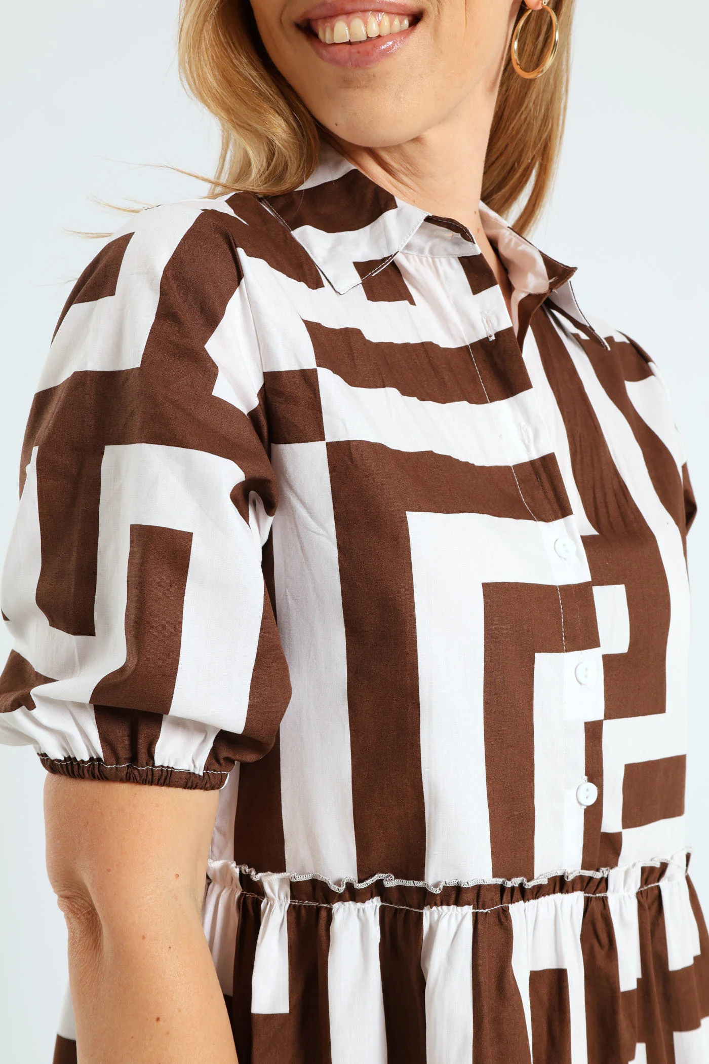3/4 Sleeve Half Placket Frill Tiered Shirt Mini Dress - Brown/White - Image 2