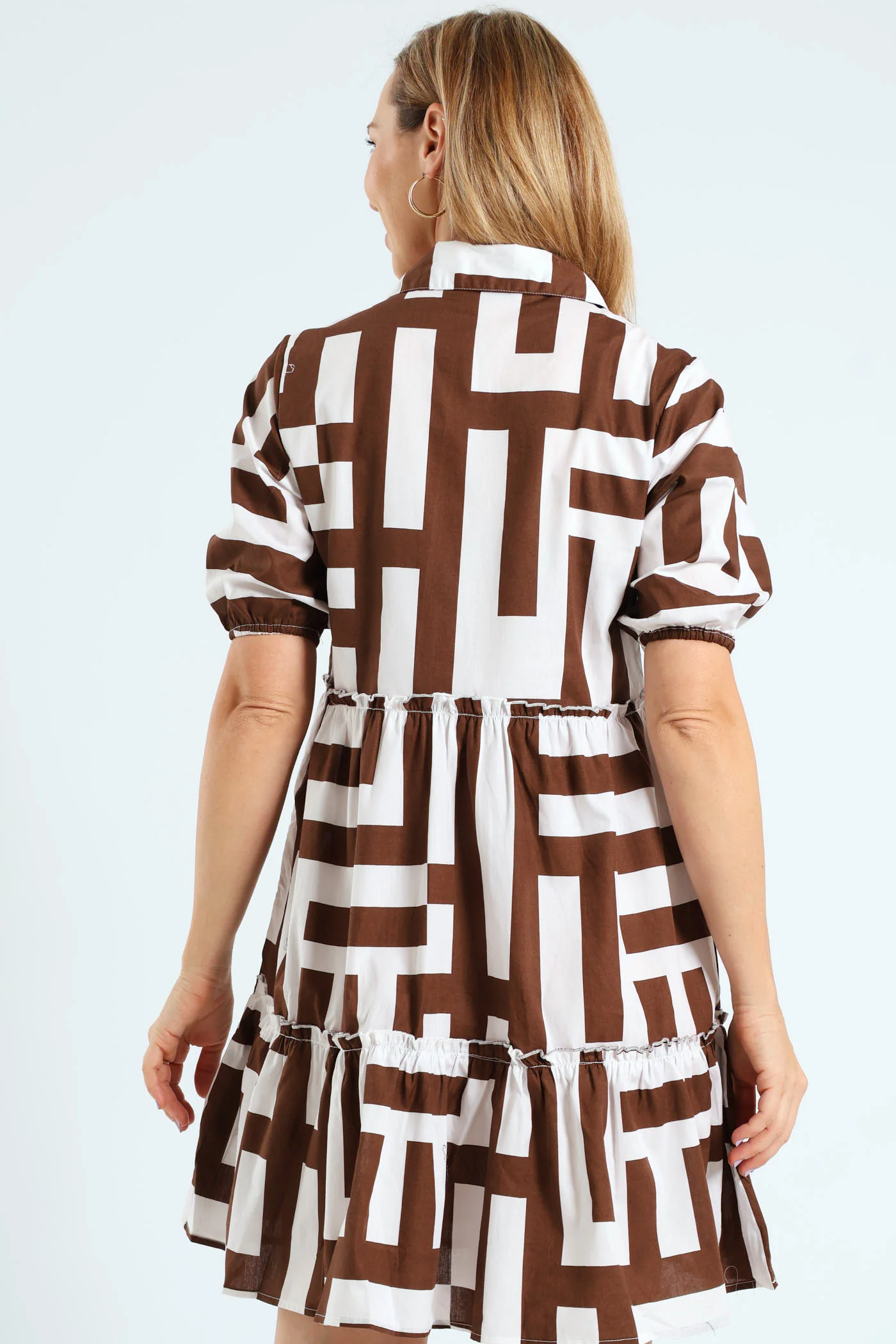 3/4 Sleeve Half Placket Frill Tiered Shirt Mini Dress - Brown/White - Image 4
