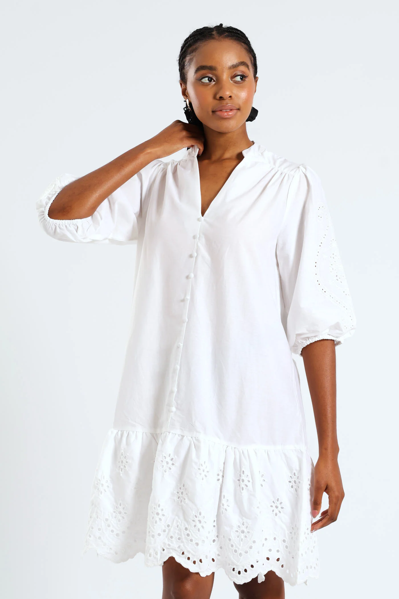 3/4 Sleeve Mandarin Collar Anglaise Detail Drop Hem Mini Dress - White - Image 3