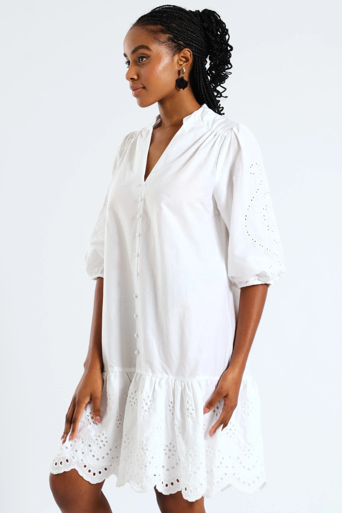 3/4 Sleeve Mandarin Collar Anglaise Detail Drop Hem Mini Dress - White - Image 4