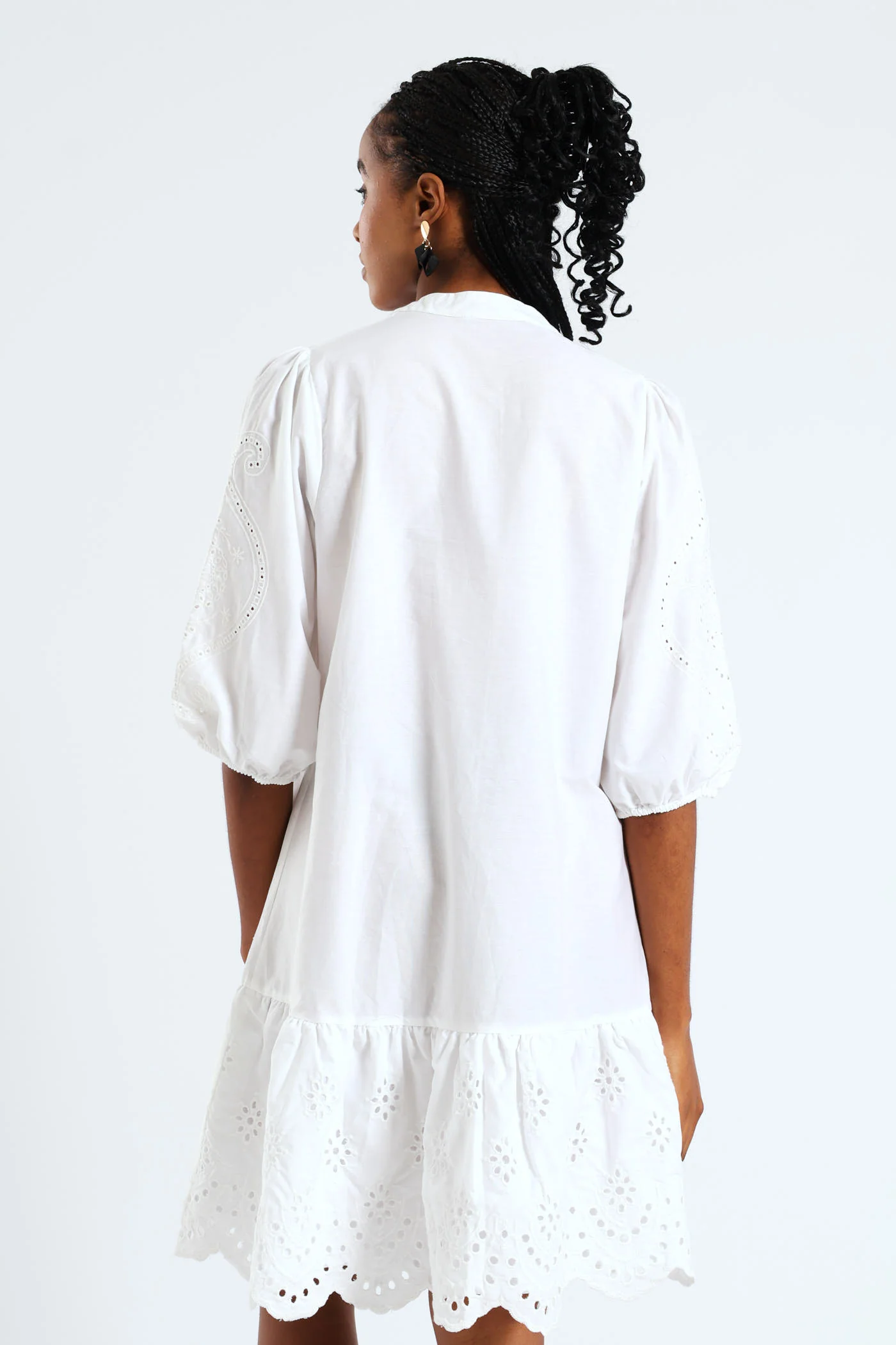 3/4 Sleeve Mandarin Collar Anglaise Detail Drop Hem Mini Dress - White - Image 5