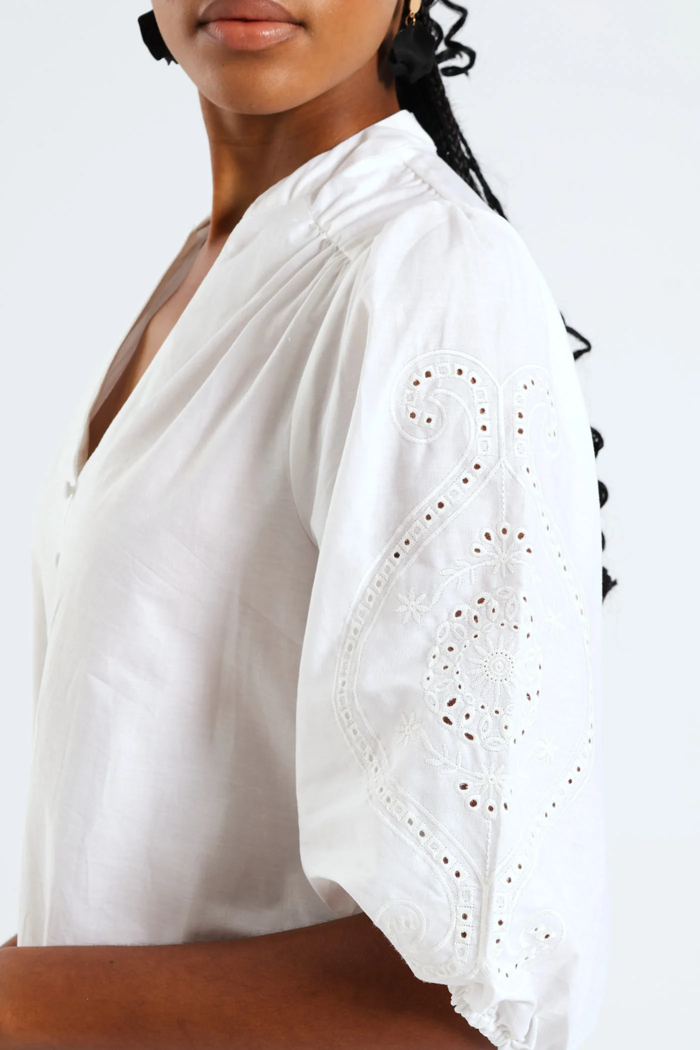 3/4 Sleeve Mandarin Collar Anglaise Detail Drop Hem Mini Dress - White - Image 6