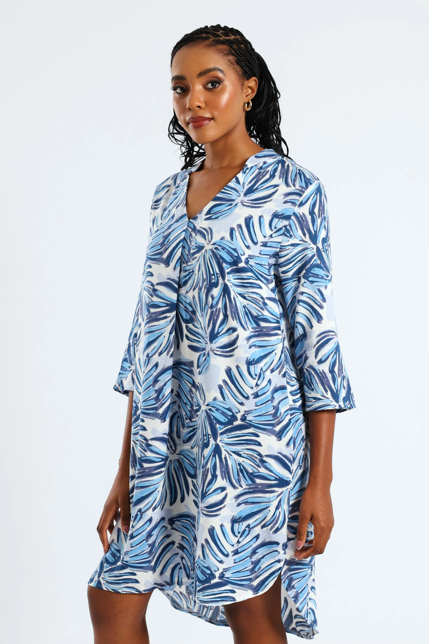3/4 Sleeve Mandarin Collar Pleat Front Printed Shift Dress - White/Blue - Image 5