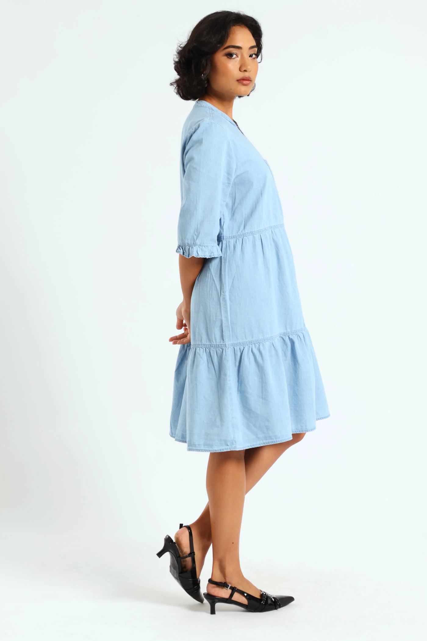 3/4 Sleeve Mandarin Collar Tiered Chambray Mini Dress - Mid Blue - Image 3