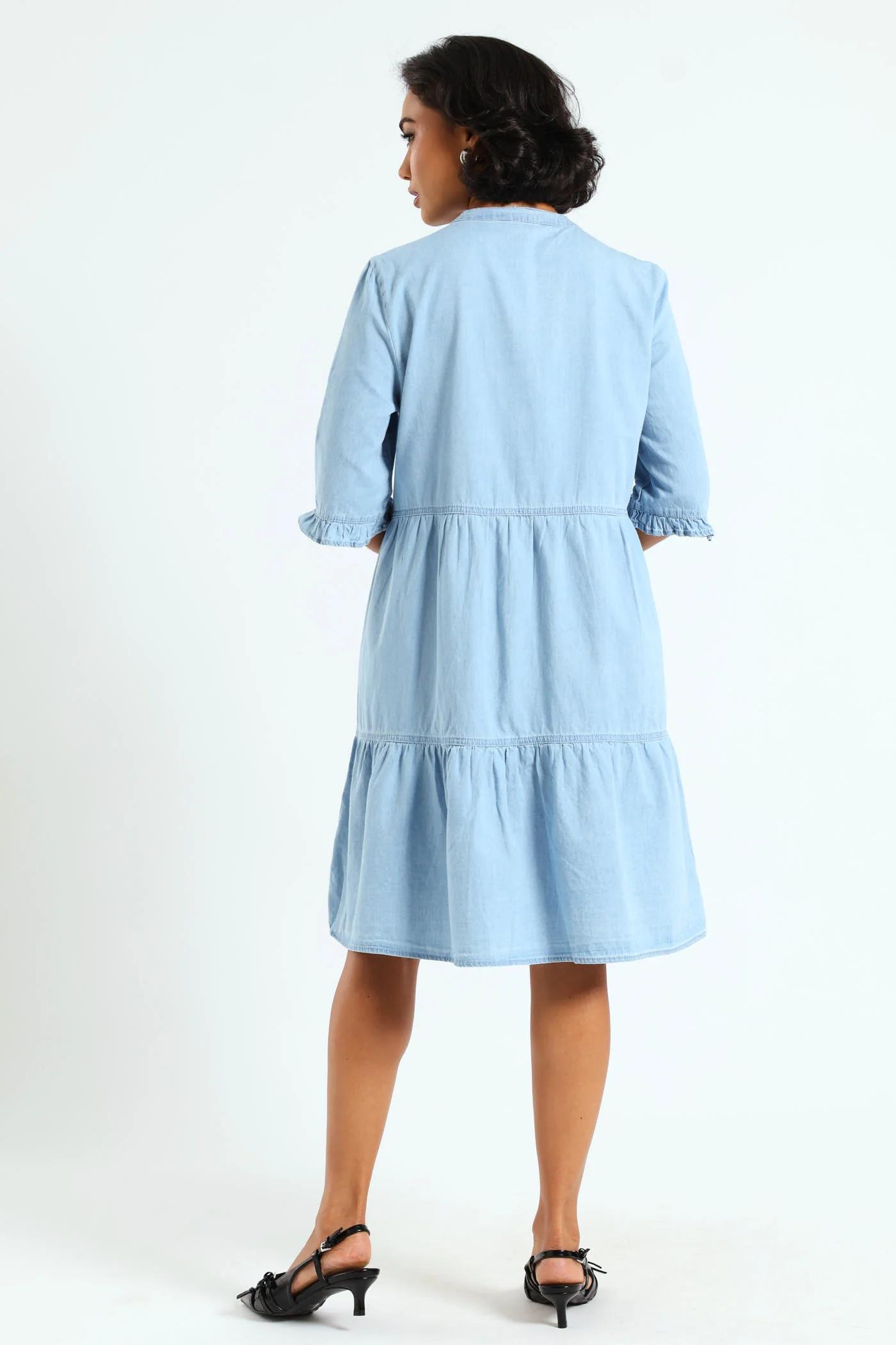 3/4 Sleeve Mandarin Collar Tiered Chambray Mini Dress - Mid Blue - Image 4
