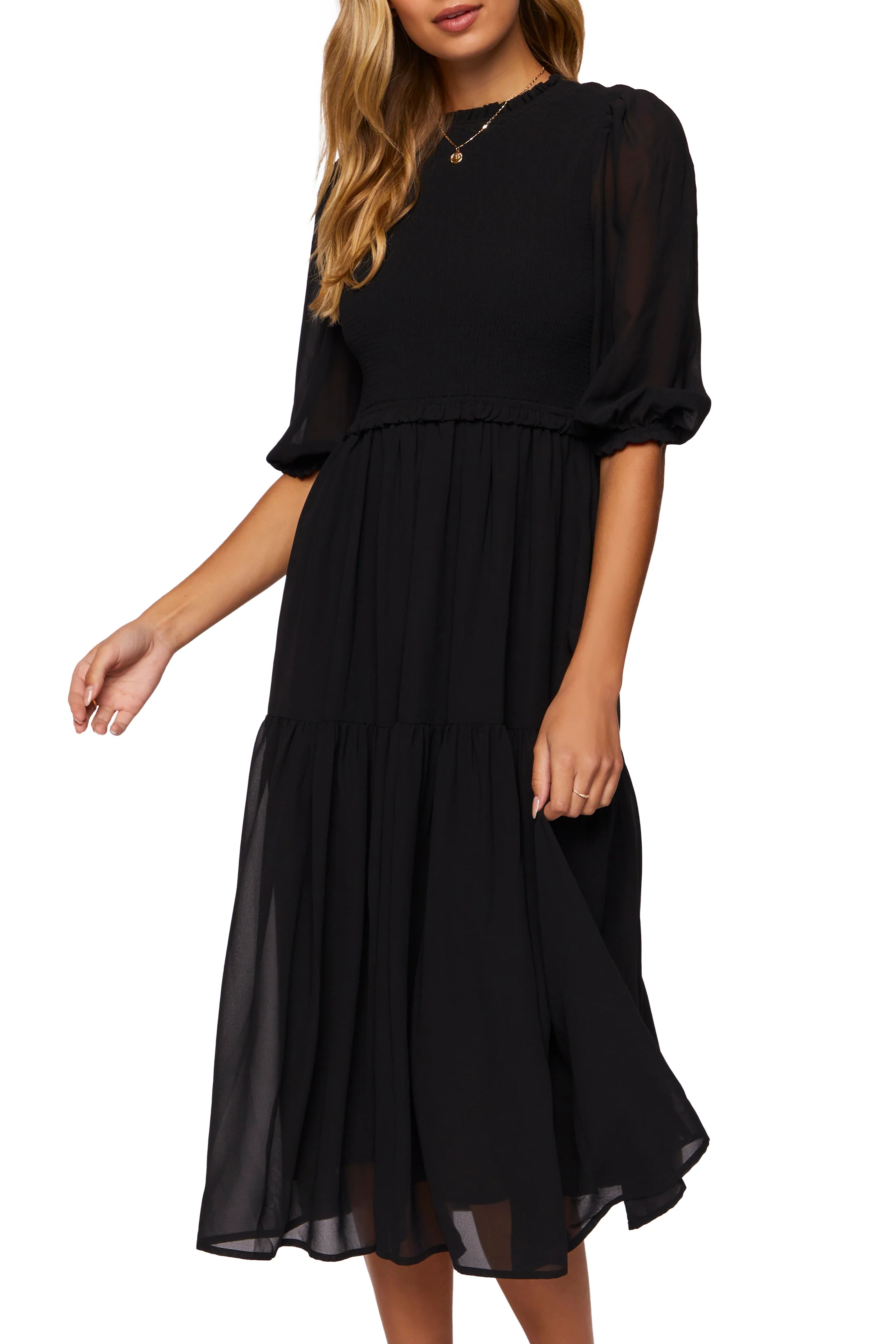 3/4 Sleeve Midi Dress - Black - Image 2