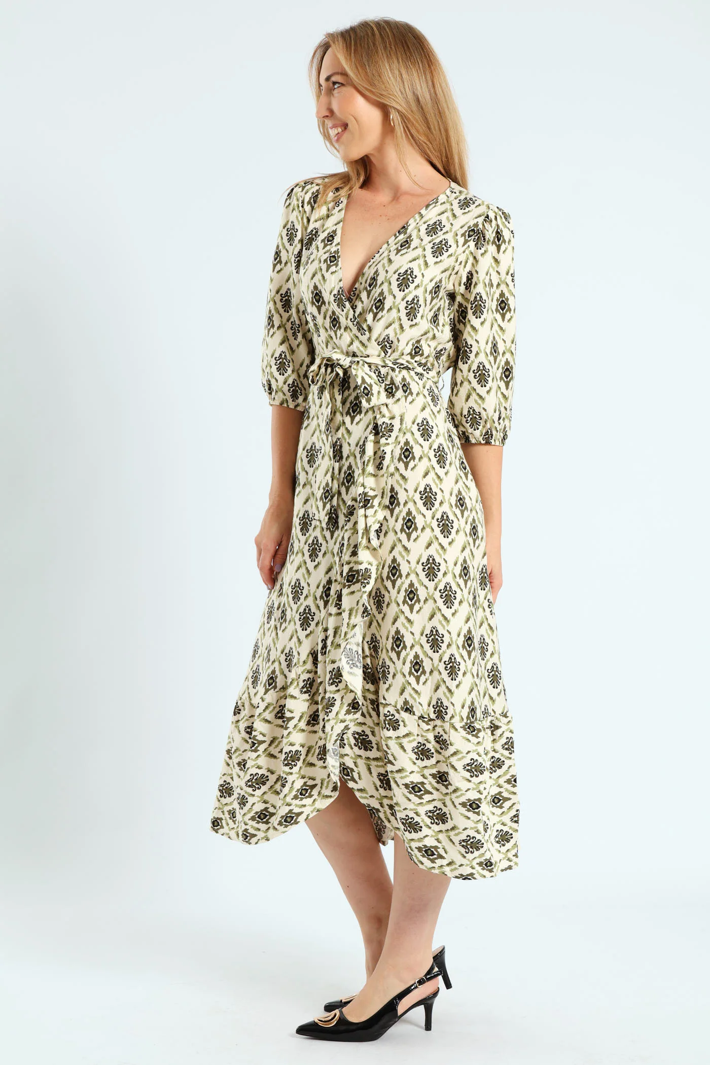 3/4 Sleeve Mock Wrap Frill Hem Midi Dress - Fatigue/Stone - Image 3