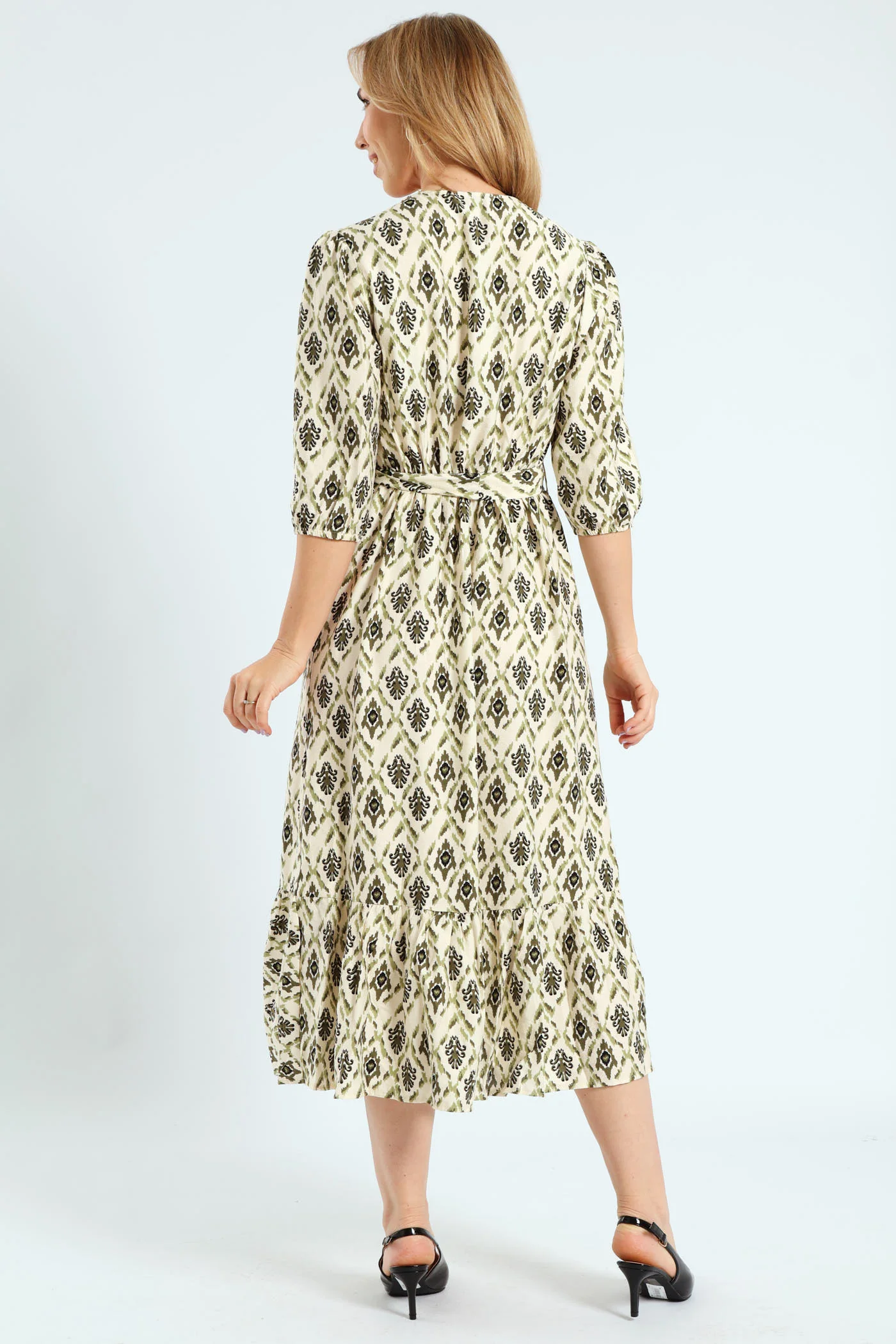 3/4 Sleeve Mock Wrap Frill Hem Midi Dress - Fatigue/Stone - Image 4