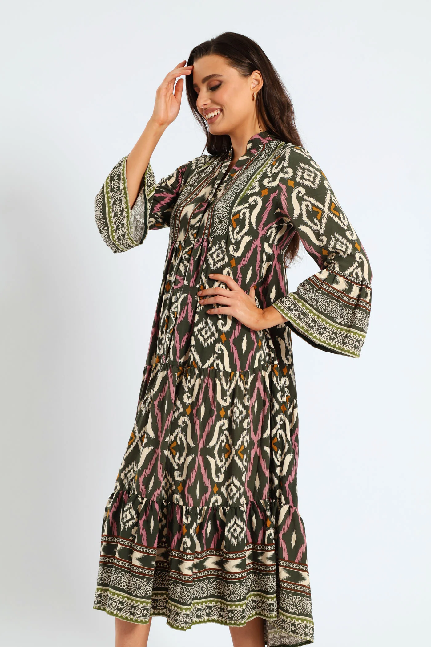 3/4 Sleeve Palm Border Print Tent Midaxi Dress - Multi - Image 4